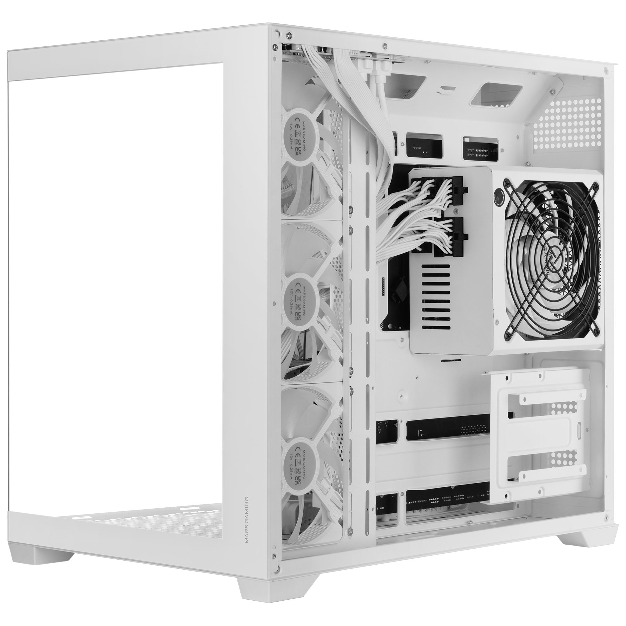 Interno di case per computer bianco con ventole, cavi e ventola.