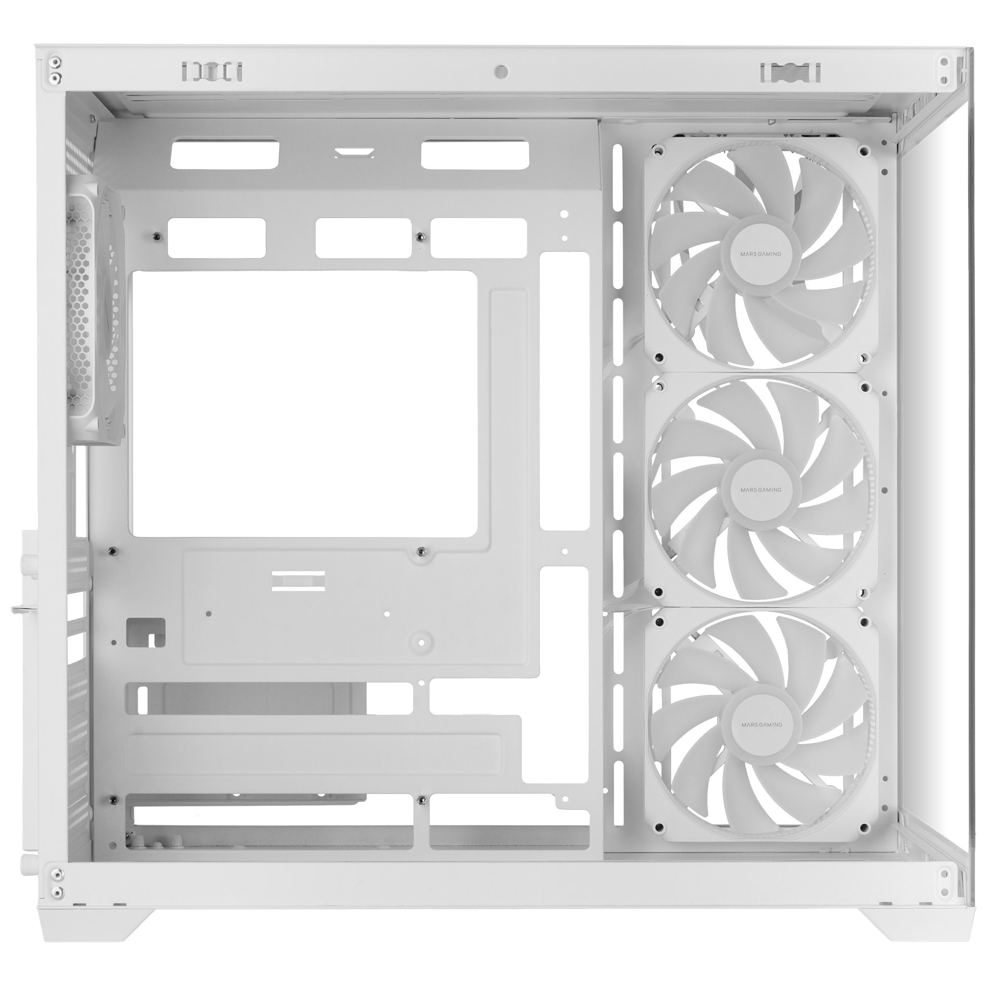 Case per computer bianco con tre ventole sul lato destro e rinforzi metallici.