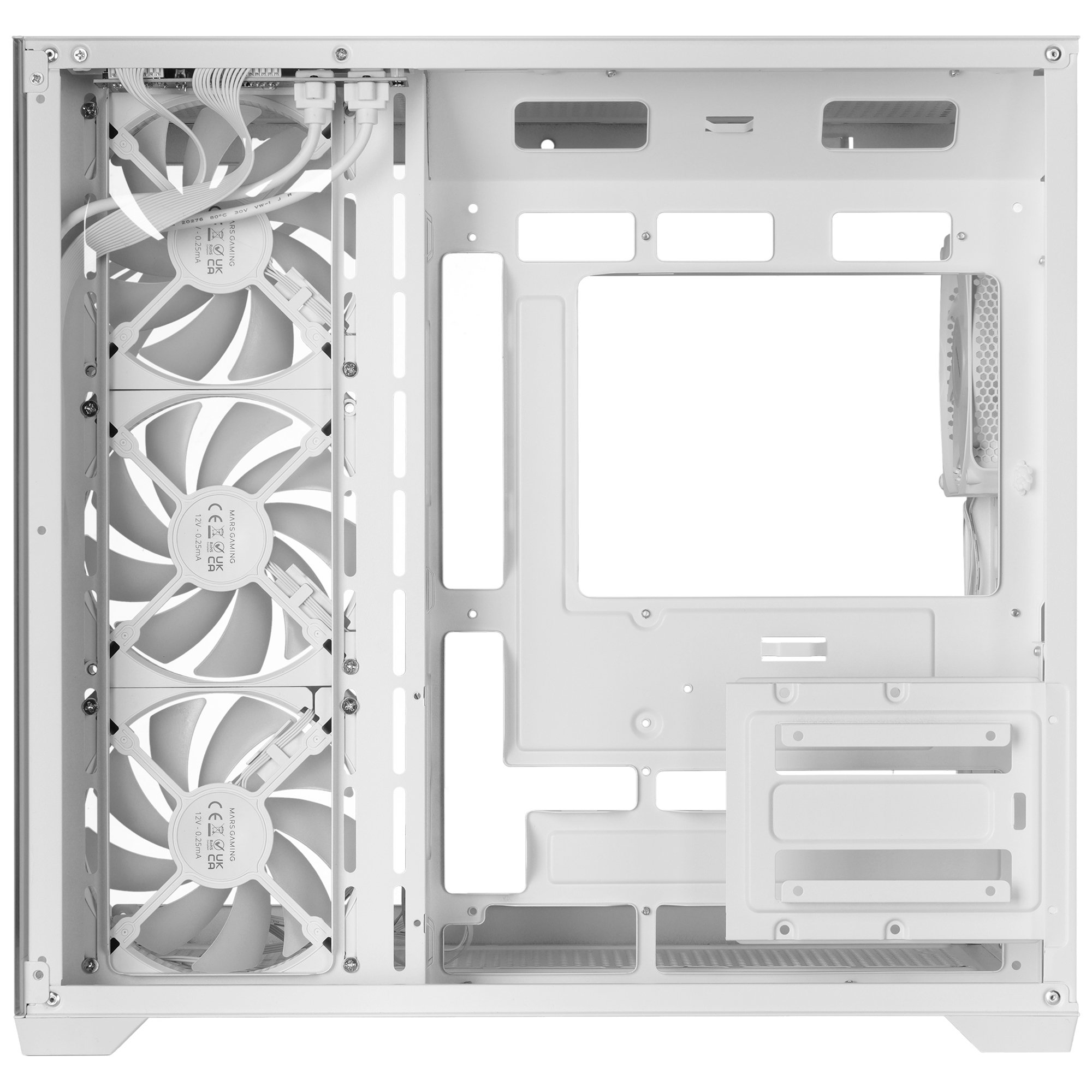 Un case per PC bianco con tre ventole e cavi all'interno.