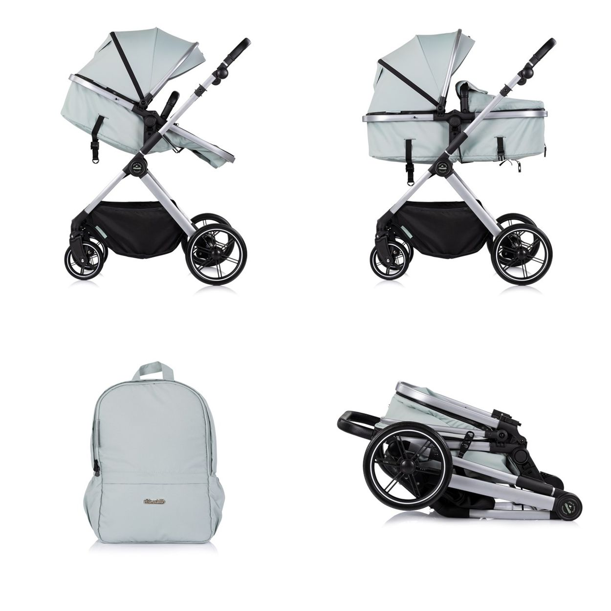 Hellgrauer Kinderwagen, aufrecht und zusammengeklappt, mit passendem Rucksack.