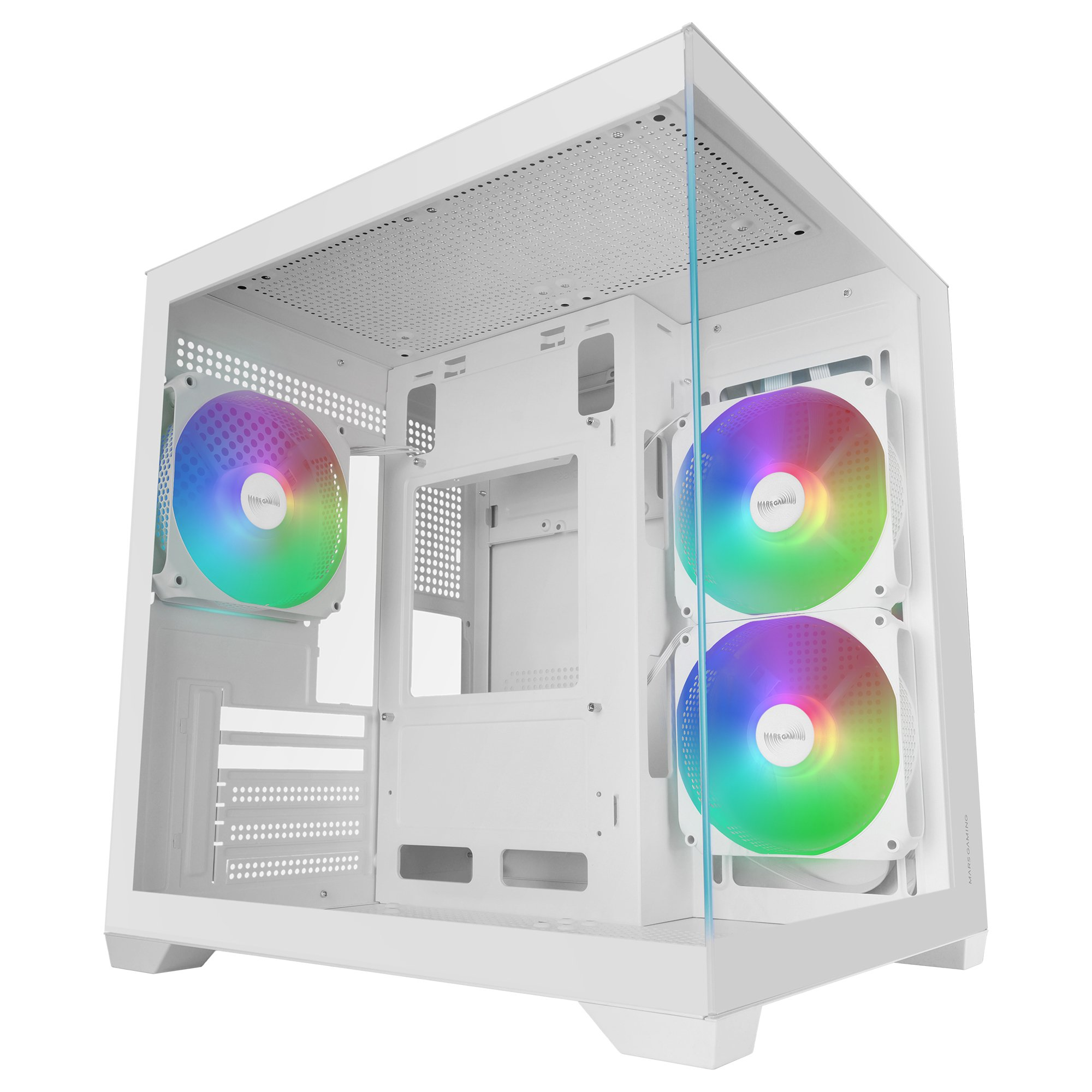 Un case PC bianco con ventole RGB e pannello laterale in vetro.