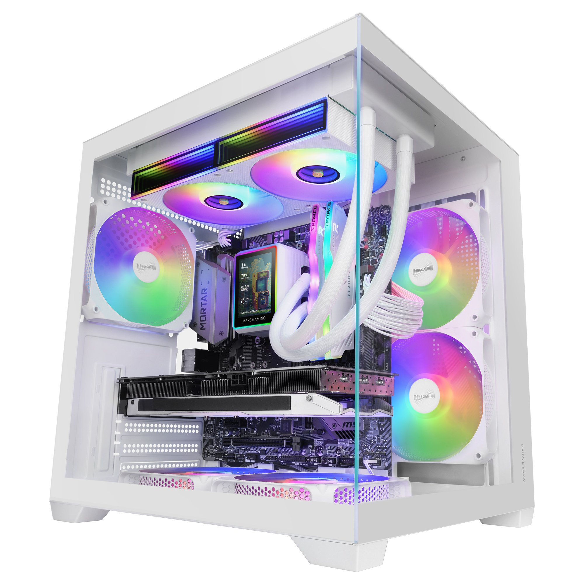 Case PC bianco con ventole RGB e pannello laterale in vetro.