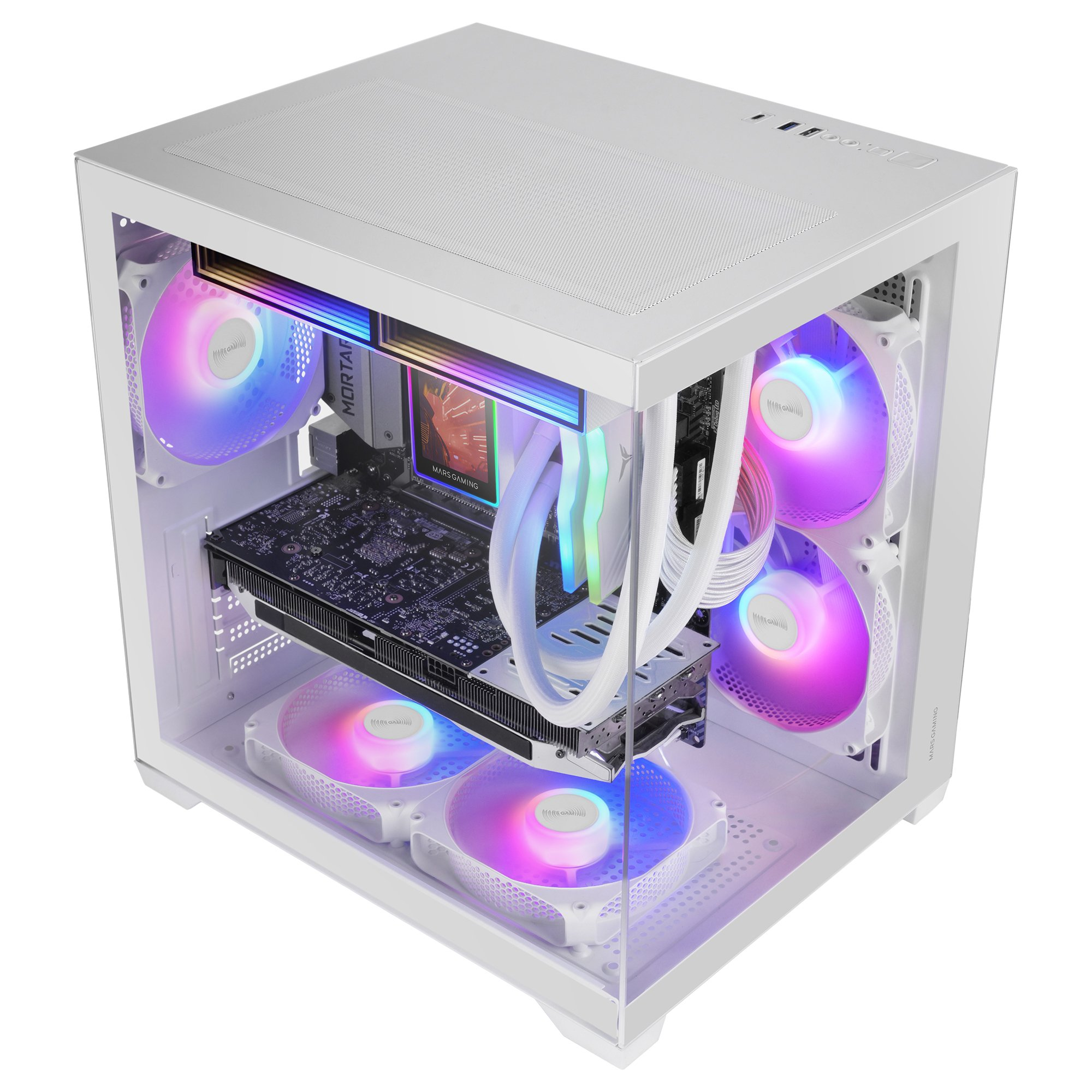 Un case PC bianco con ventole RGB e una scheda grafica.