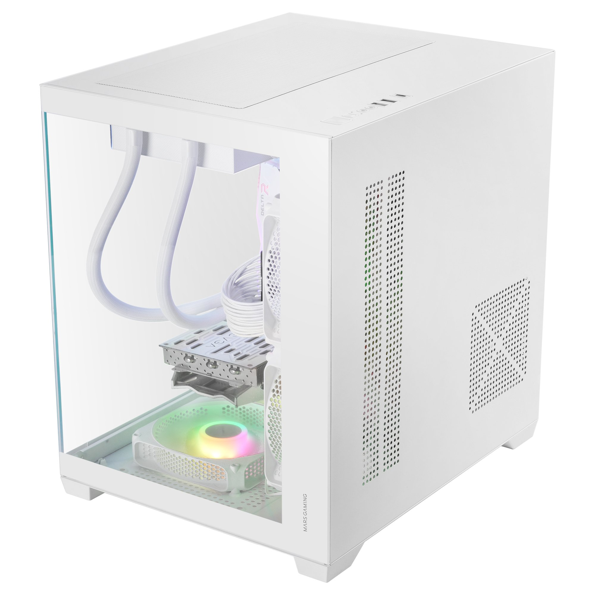 Case PC bianco con frontale in vetro e ventola RGB.