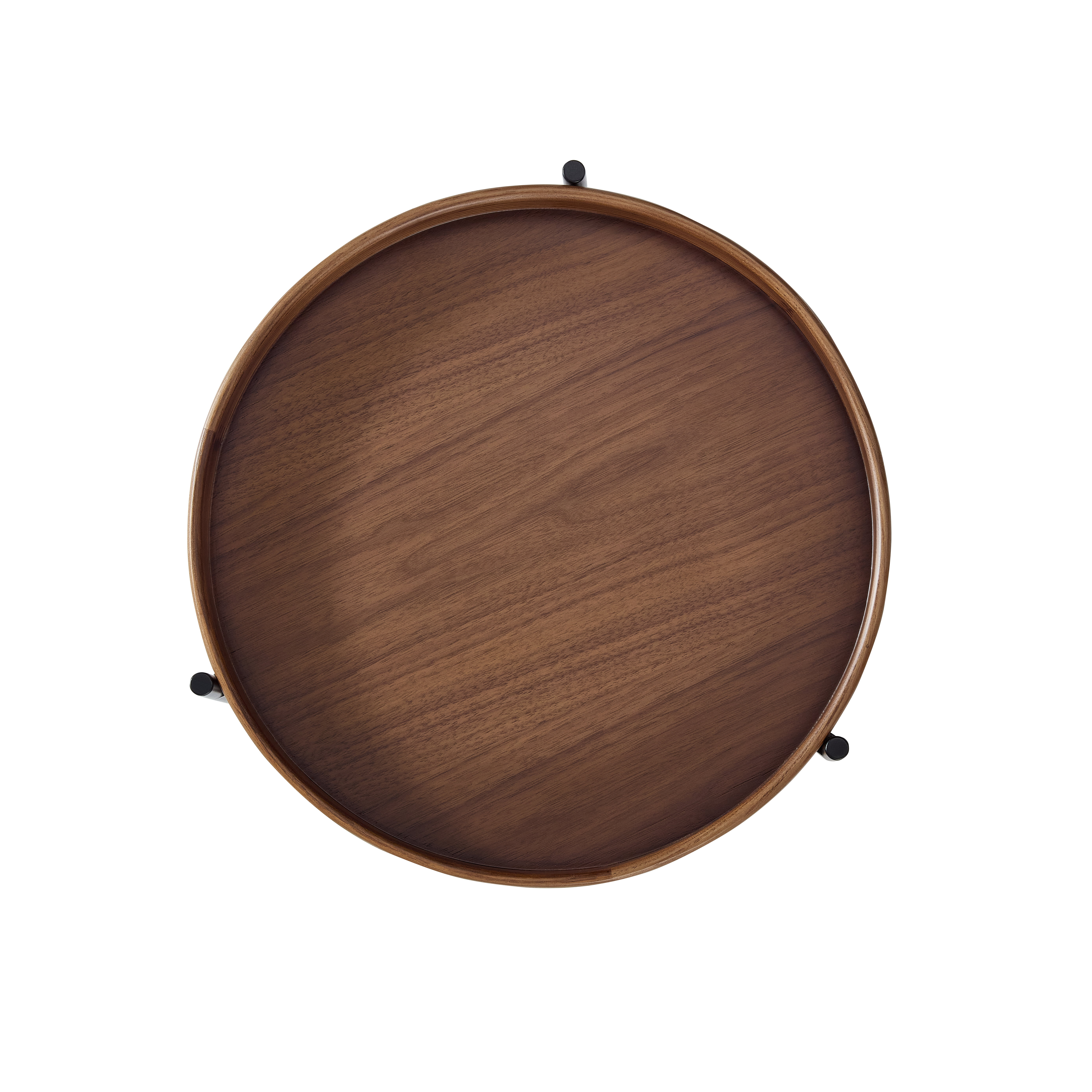 Runder Holztisch mit dunklem Holz und schwarzen Beinen.