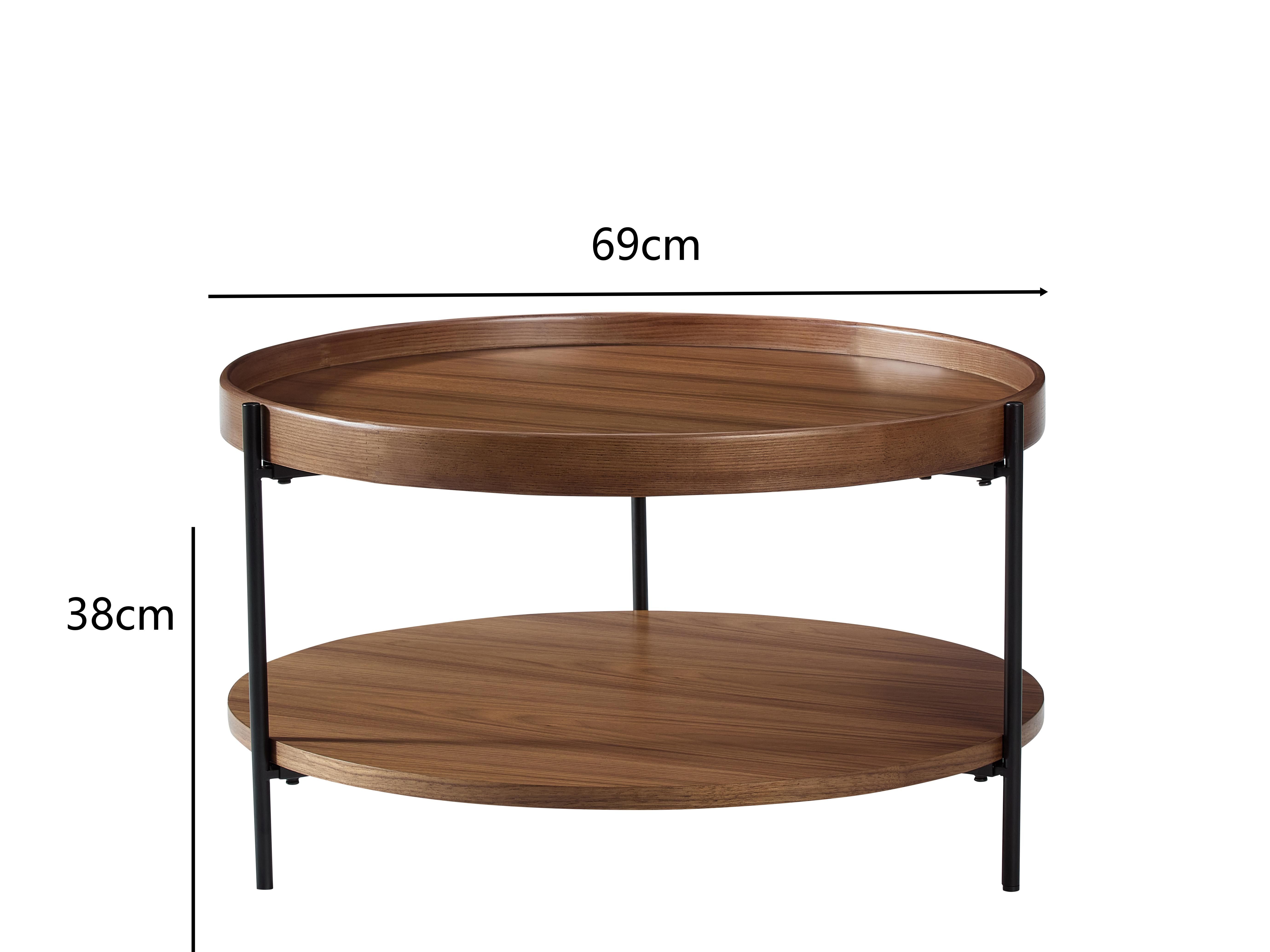 Zweistöckiger runder Couchtisch aus Holz mit schwarzen Metallbeinen.