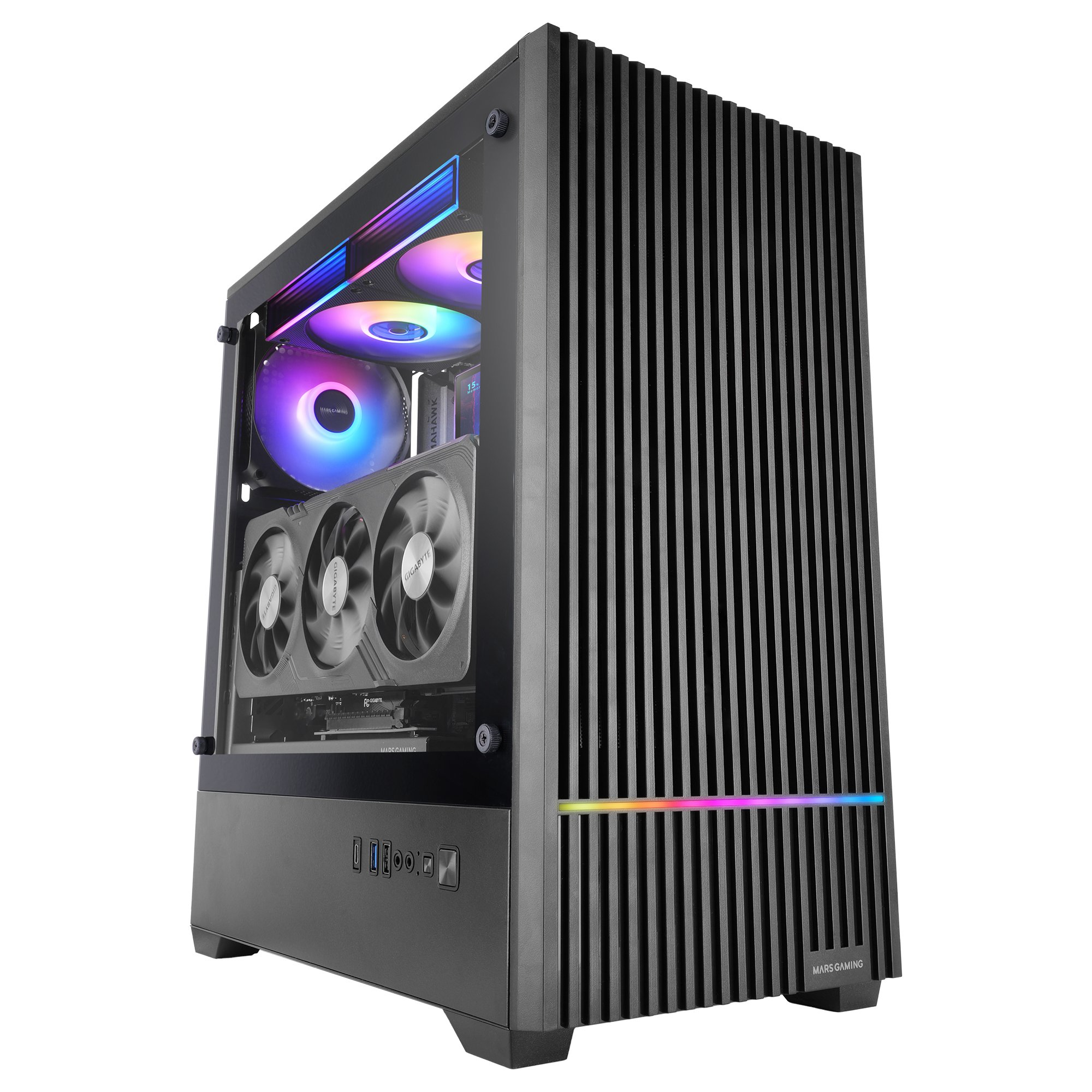 Caja de PC negra con ventana de cristal, ventiladores RGB y tarjetas gráficas.