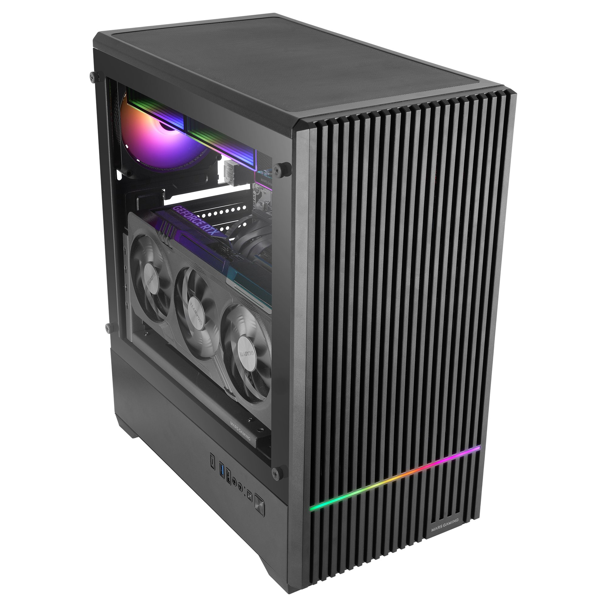 Torre de ordenador negra con iluminación RGB en ventilador y panel frontal.