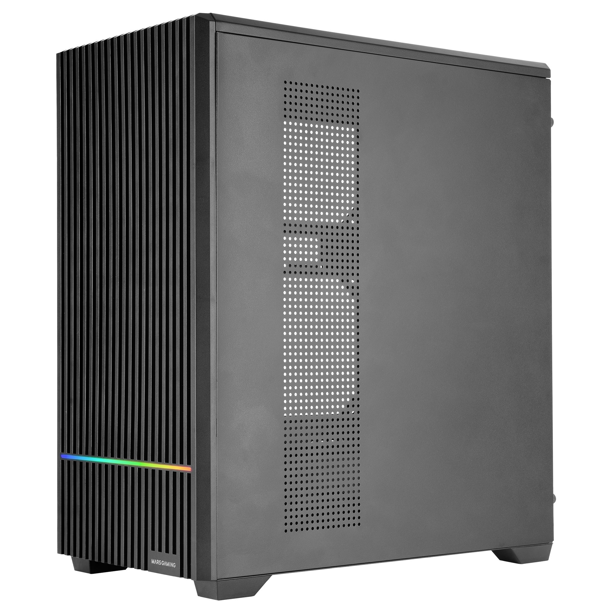 Una caja de PC negra con rejillas de ventilación verticales y una barra LED colorida.