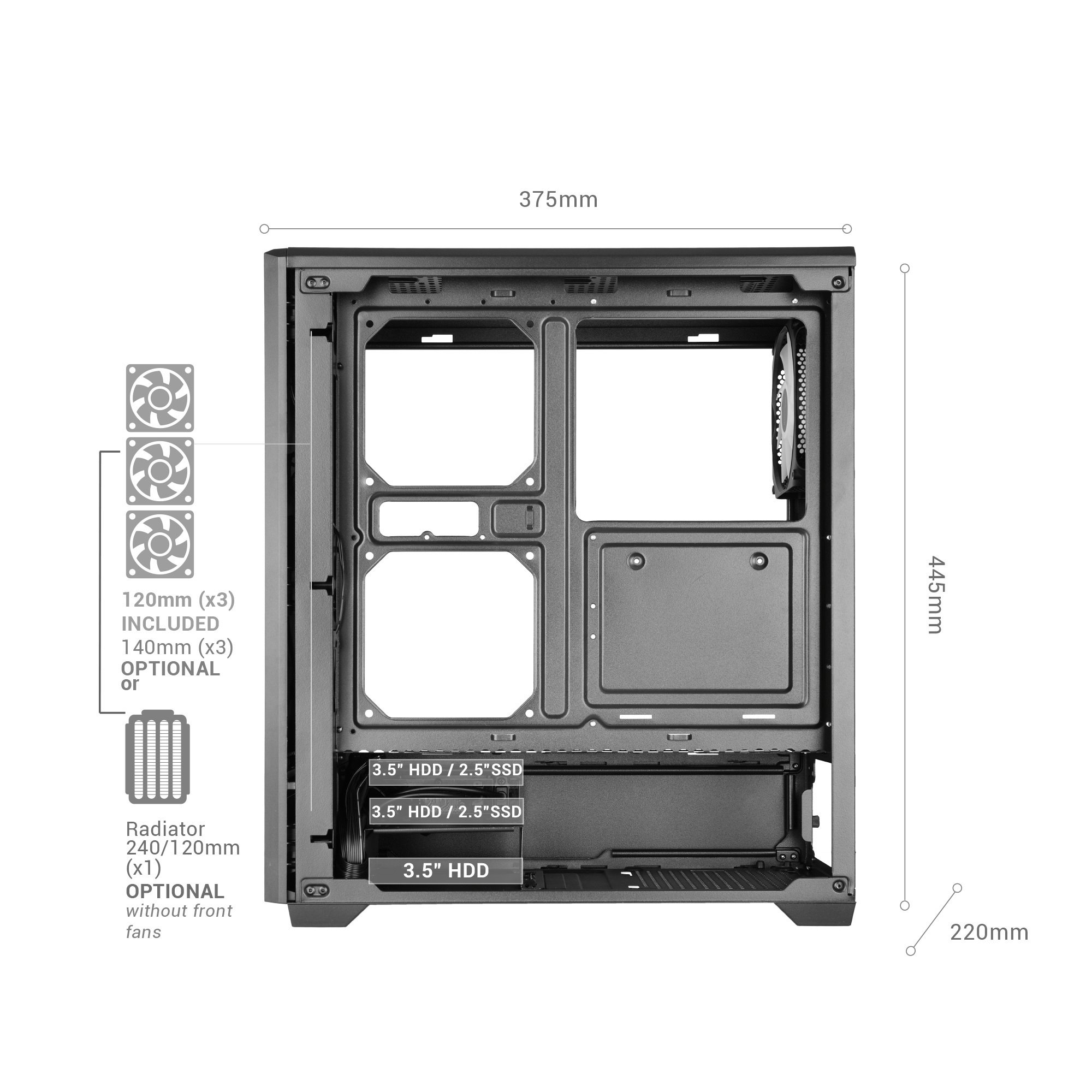 Un marco de caja de PC vacío que muestra dimensiones y opciones de ventilador/disco.