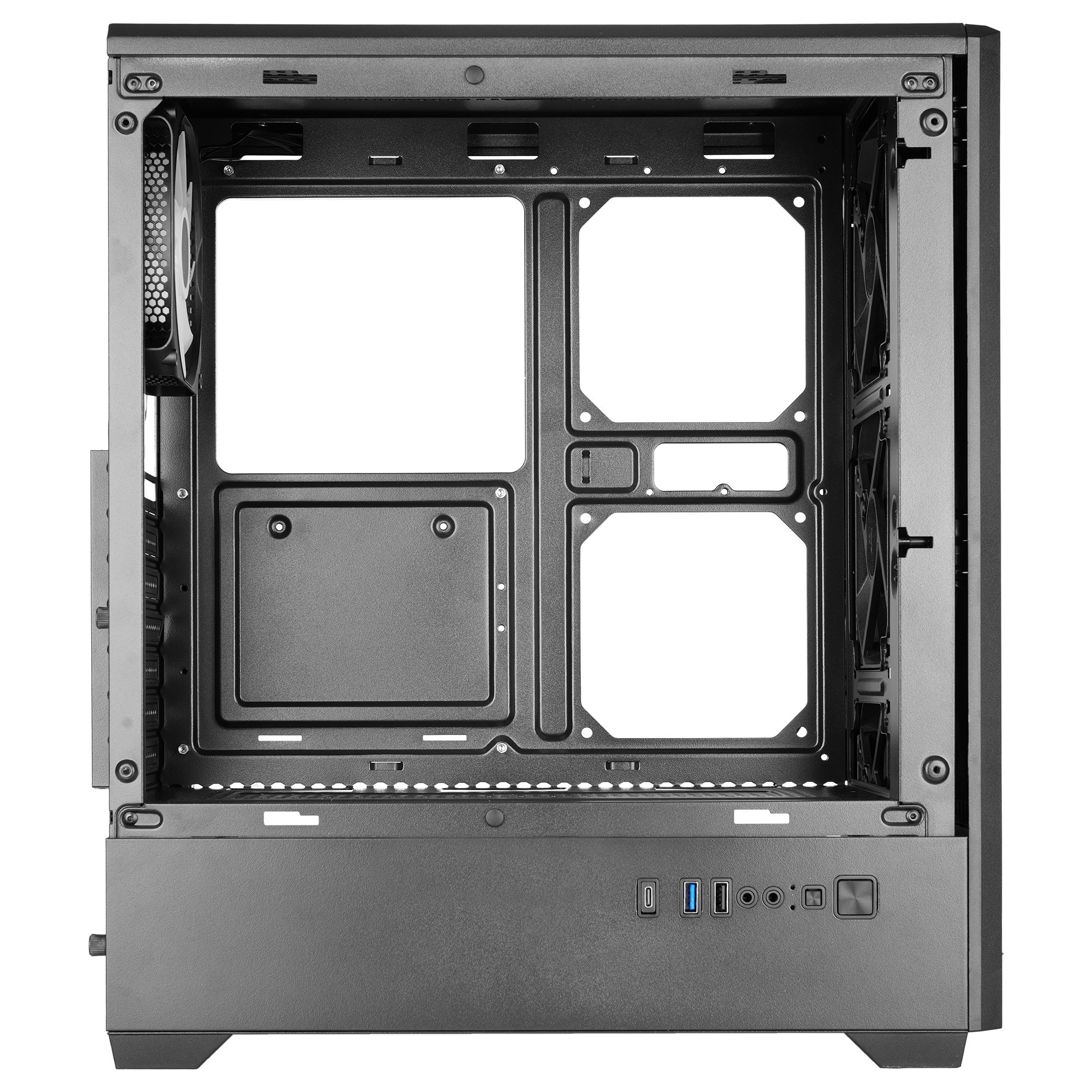 Interior de una caja de computadora negra vacía con ventiladores y puertos.