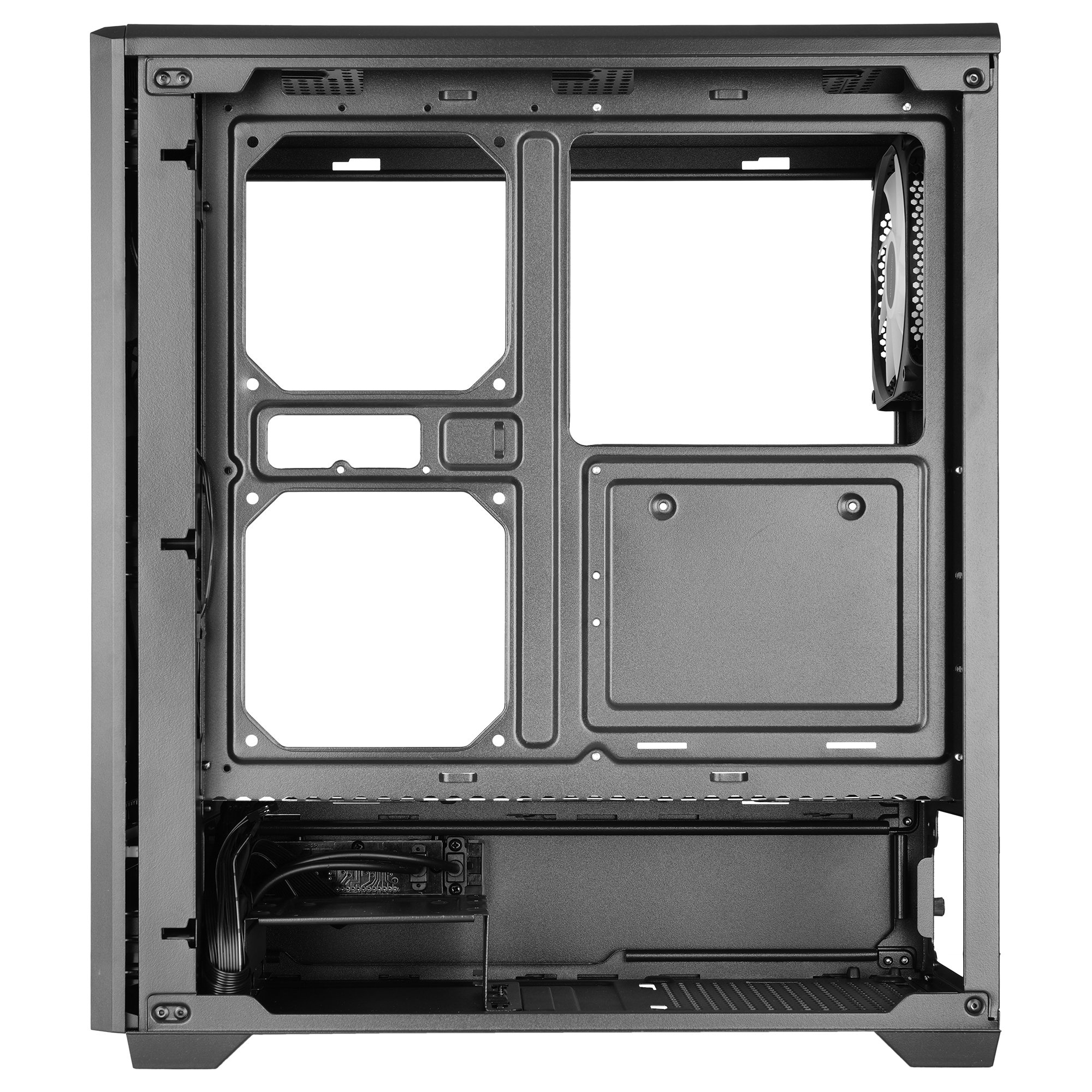Vista interior de una caja de ordenador negra con ventilador y cables.
