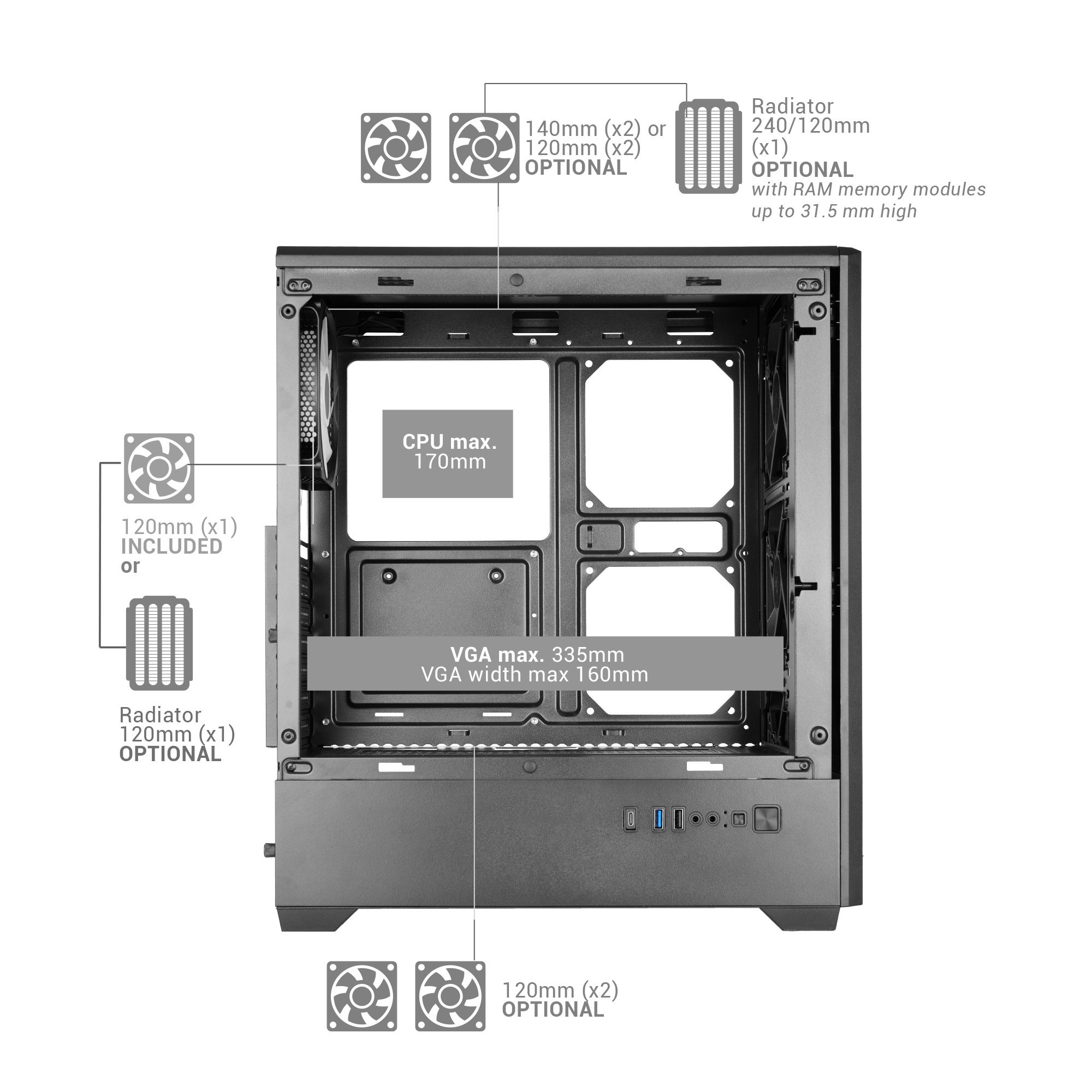 Case PC con opzioni ventola e radiatore. CPU max. 170mm, VGA max. 335mm.