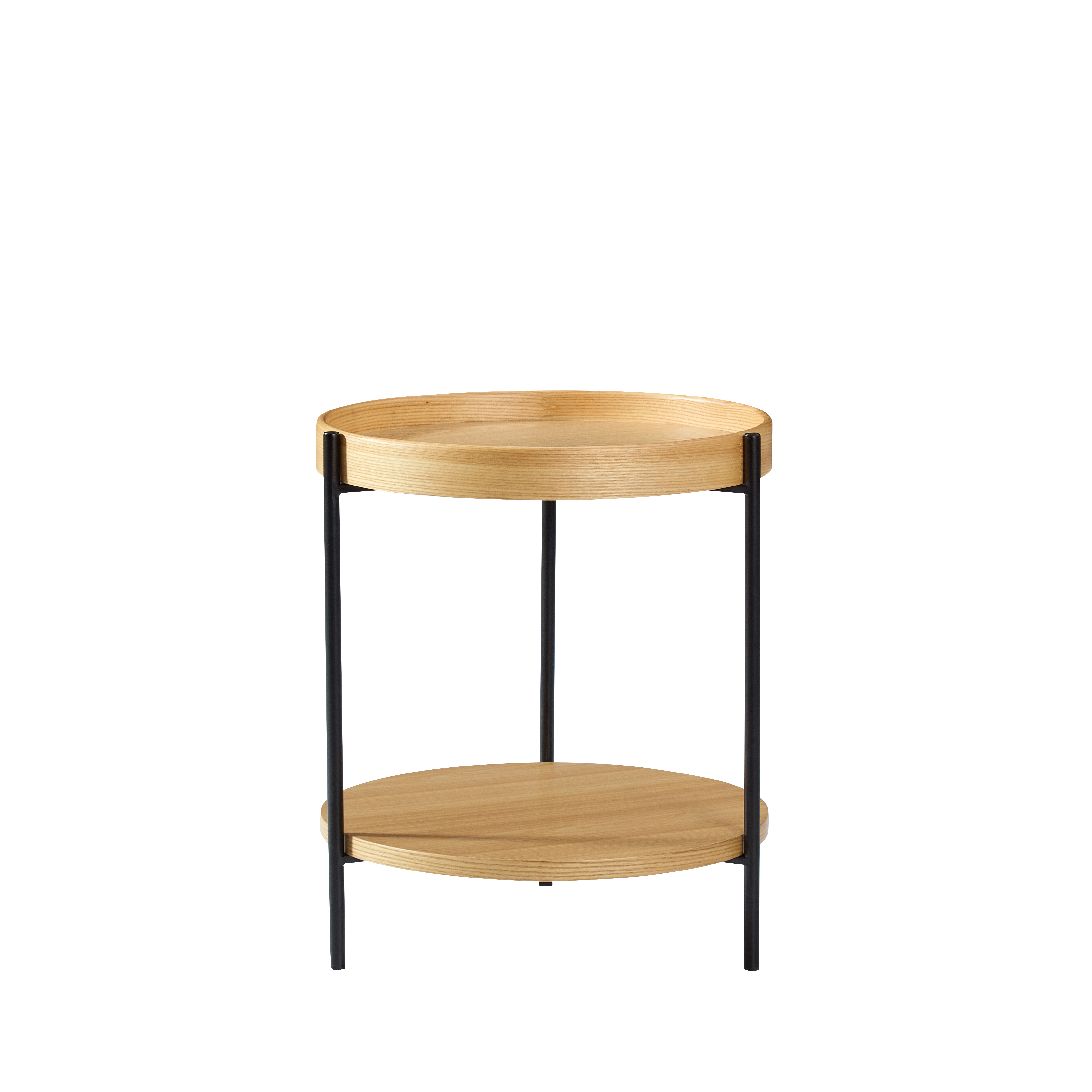 Ein runder Holztisch mit zwei Ebenen und schwarzen Metallbeinen.