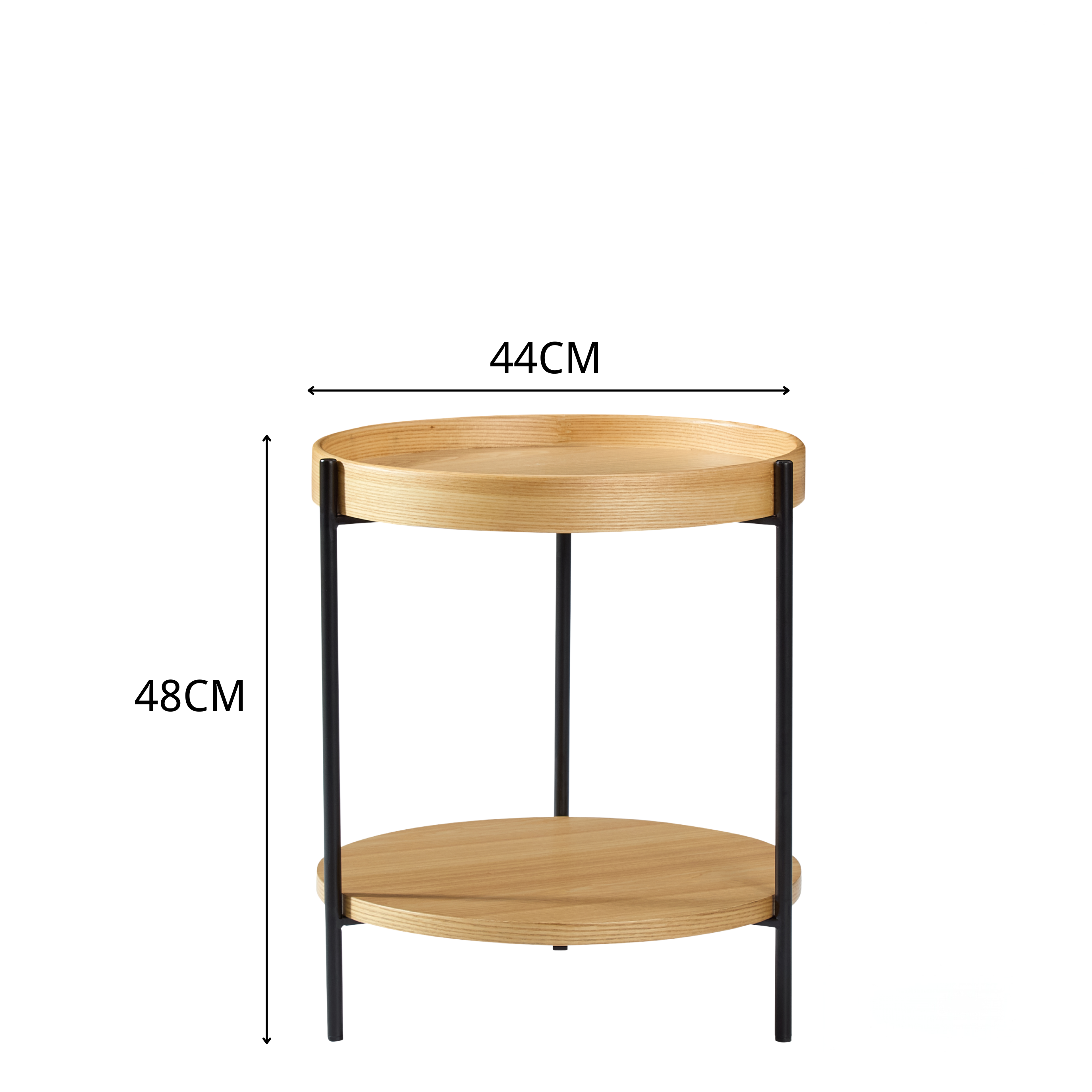 Ein runder Holztisch mit zwei Ebenen und schwarzen Metallbeinen. Maße: 44 cm Breite, 48 cm Höhe.