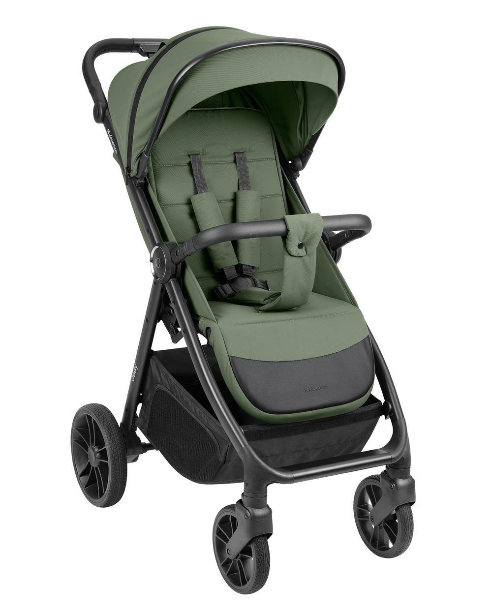 Ein grüner Kinderwagen mit schwarzen Akzenten, Verdeck, Sitz und Aufbewahrungskorb.