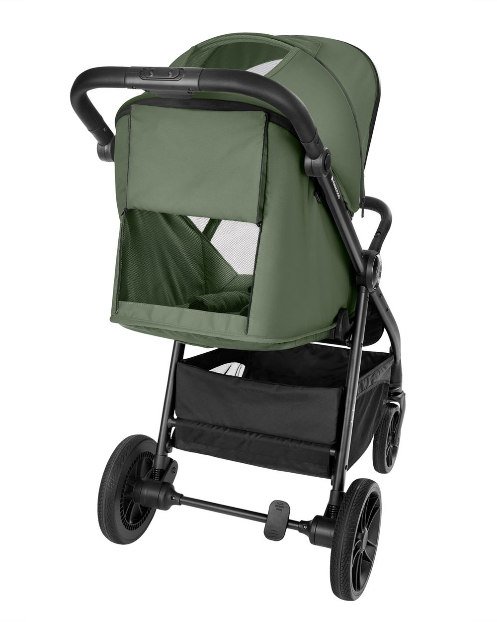 Ein grüner Kinderwagen mit schwarzem Griff und Korb. Vorderrad ist sichtbar.