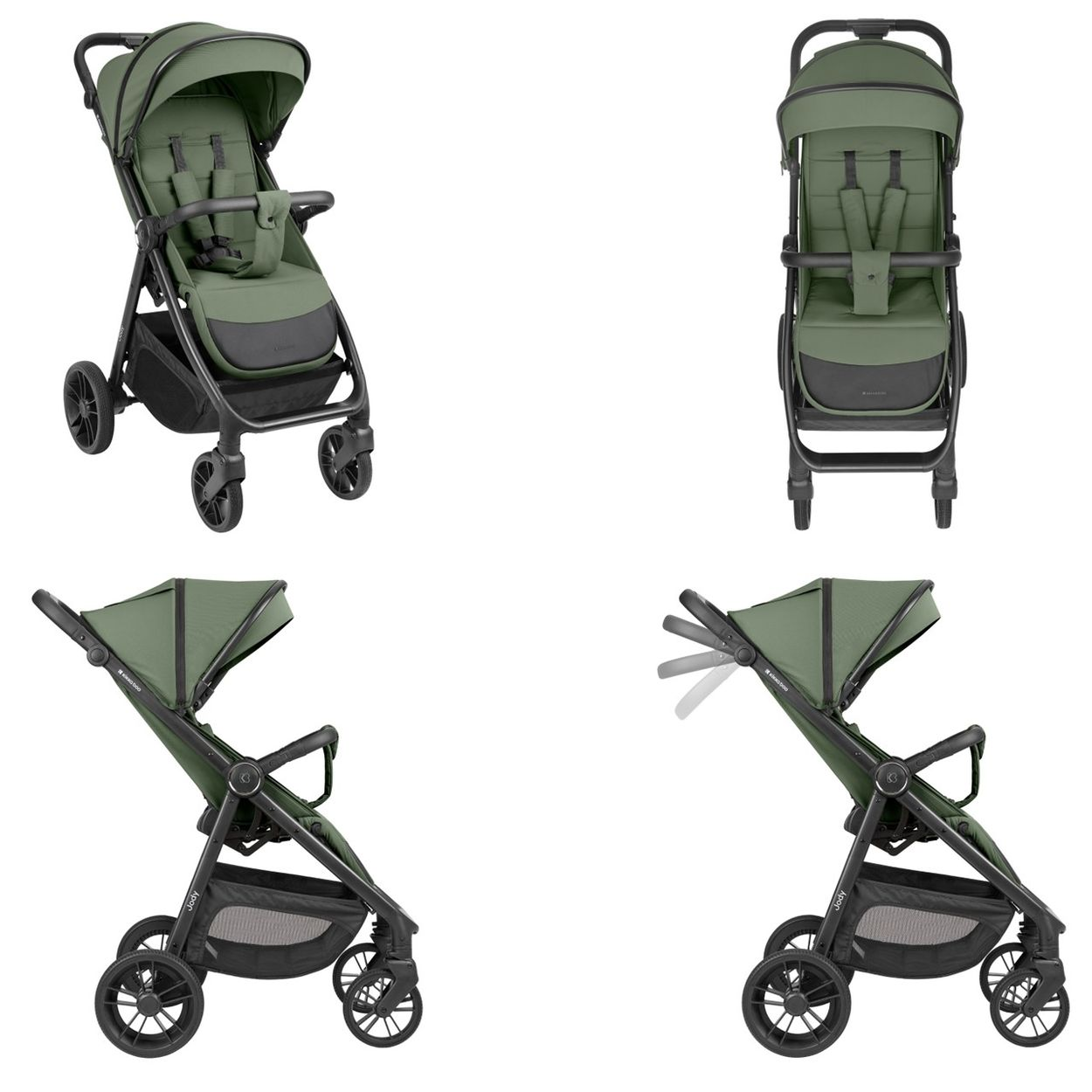 Ein grüner Kinderwagen mit verstellbarem Verdeck und Sitz.