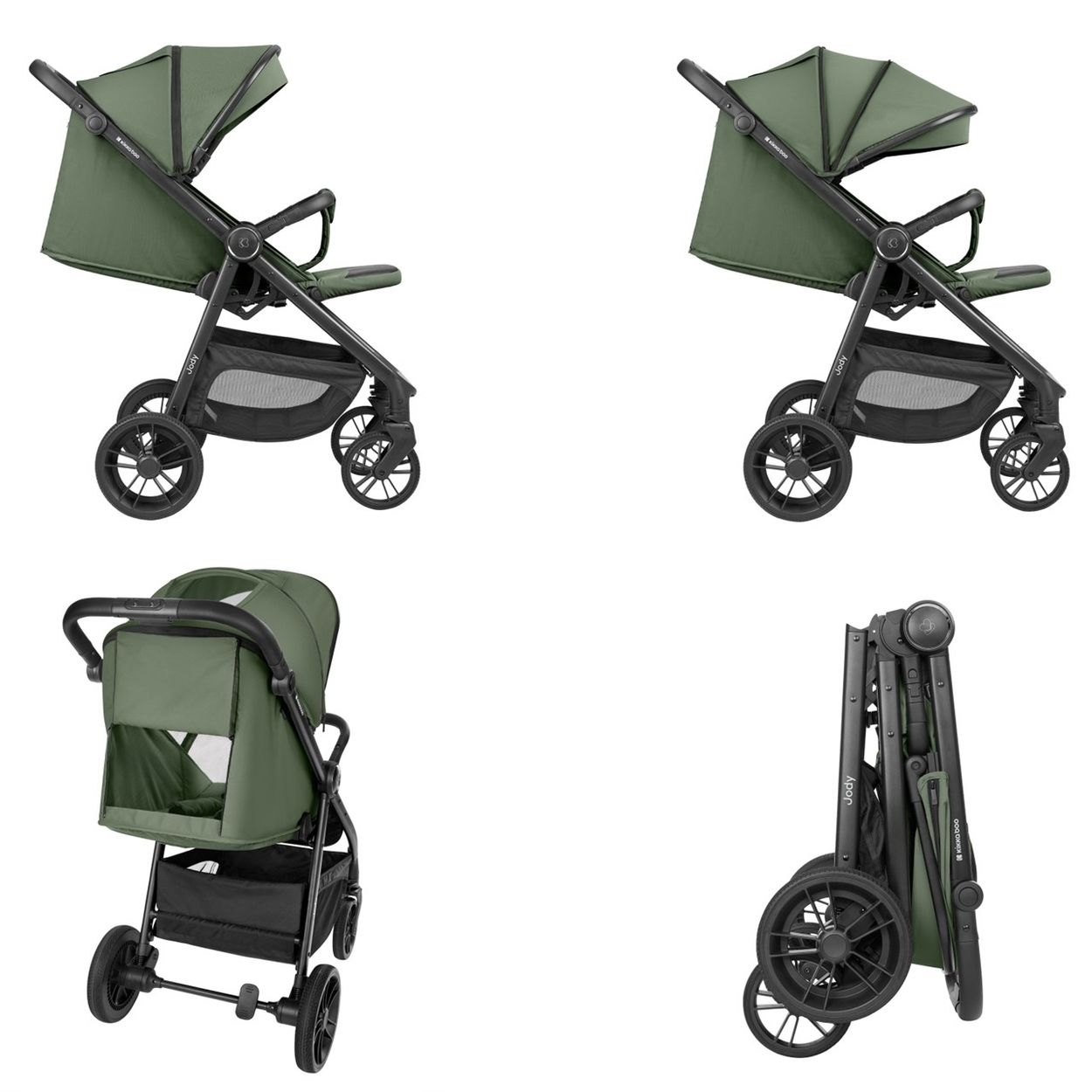 Ein grüner Kinderwagen in verschiedenen Ansichten, geöffnet und zusammengeklappt.