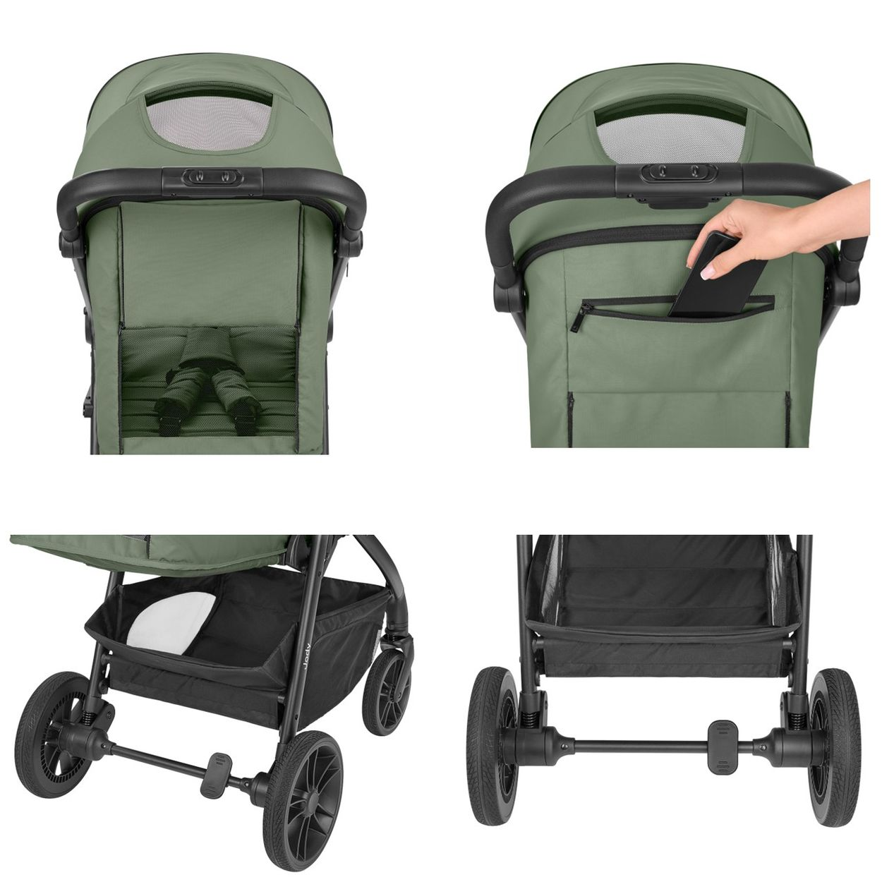 Ein grüner Kinderwagen mit schwarzen Rädern und Aufbewahrungsnetz.
