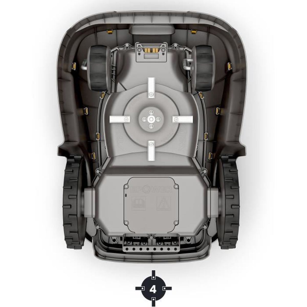 Draufsicht auf einen Mähroboter mit Rädern, Schneidwerk und Gehäuse.