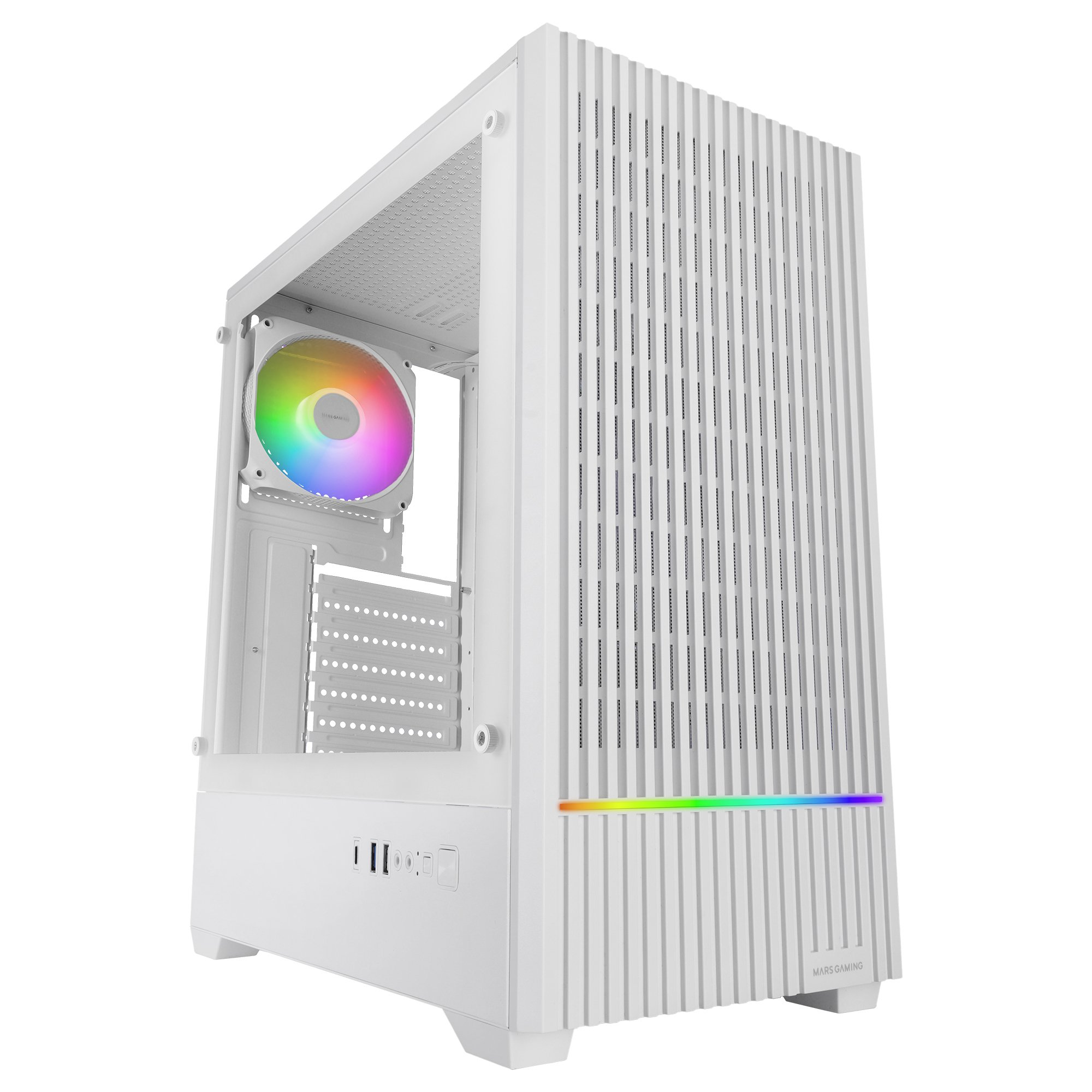 Un case PC bianco con ventola arcobaleno e striscia RGB.