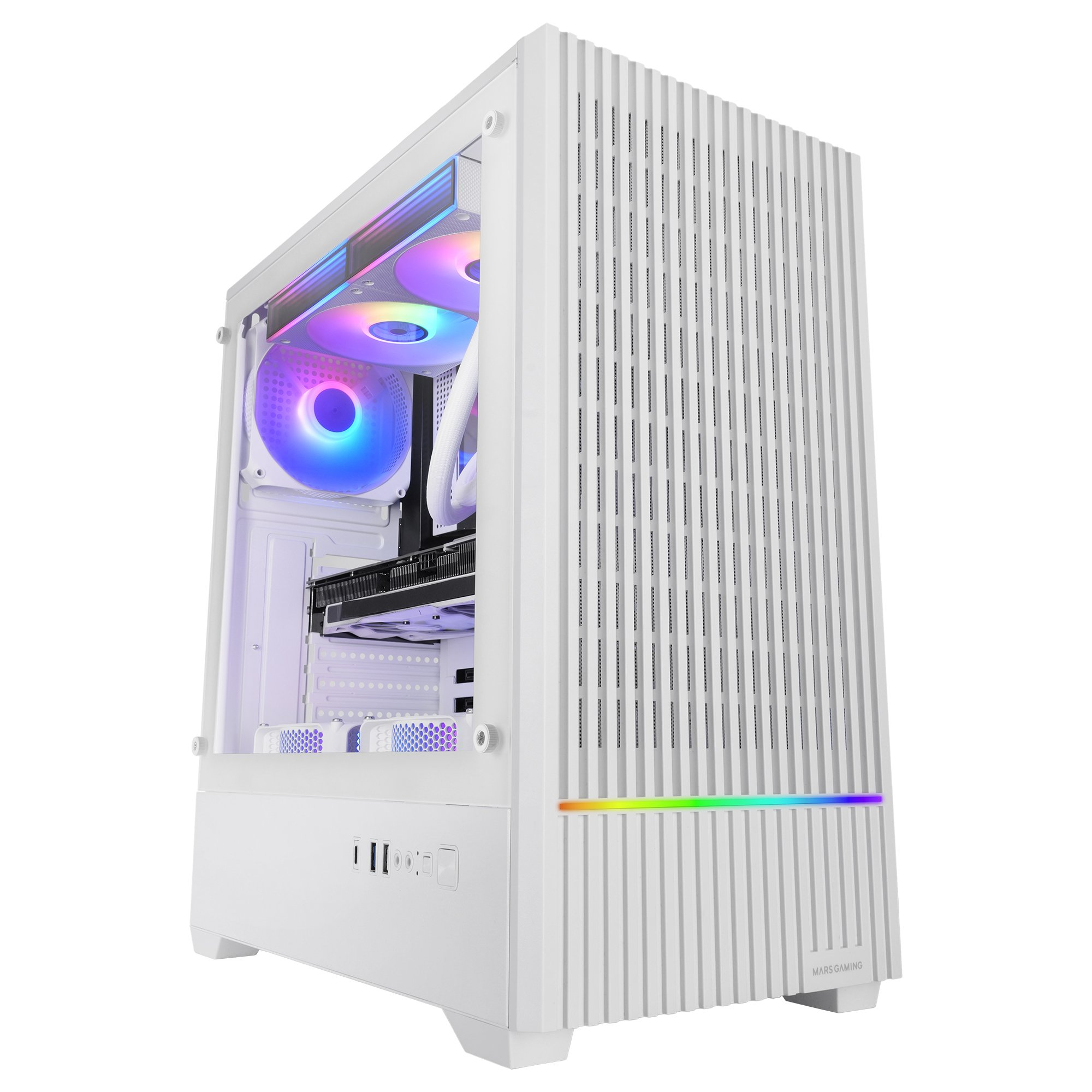 Un PC da gaming bianco con ventole RGB e una striscia luminosa arcobaleno.