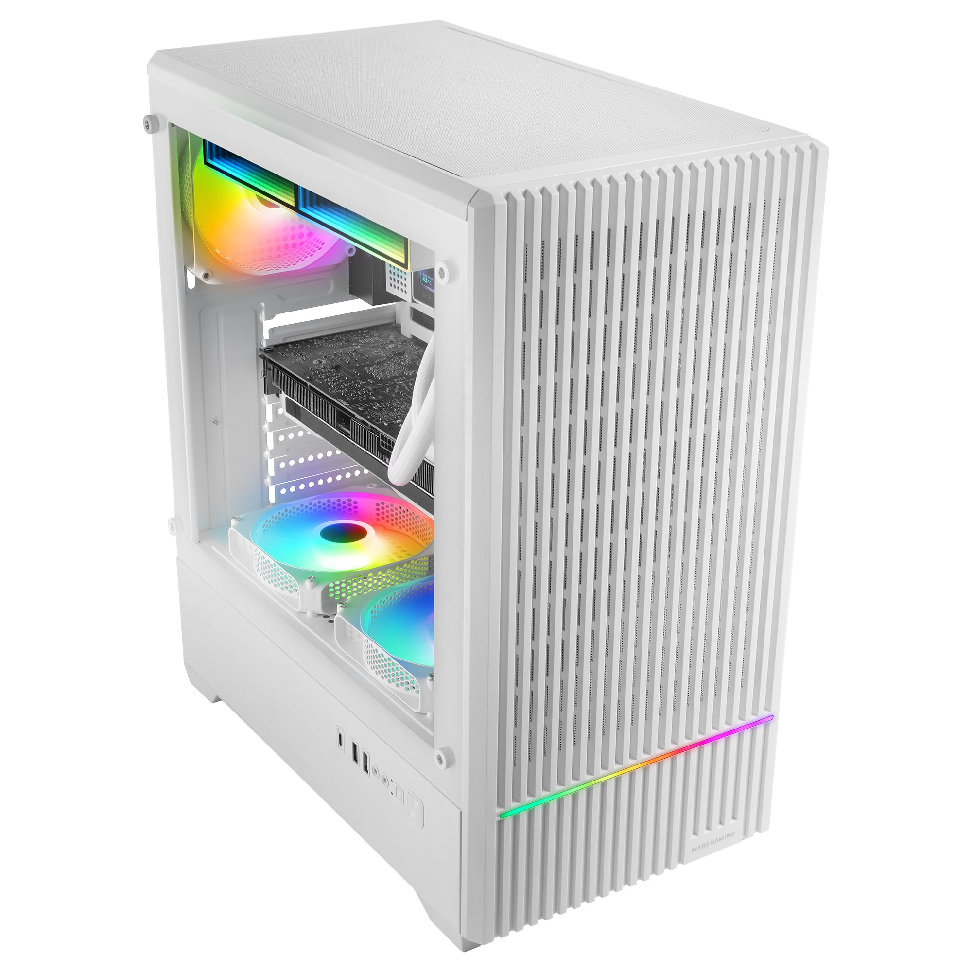 Un case PC bianco con ventole RGB e componenti interni visibili.