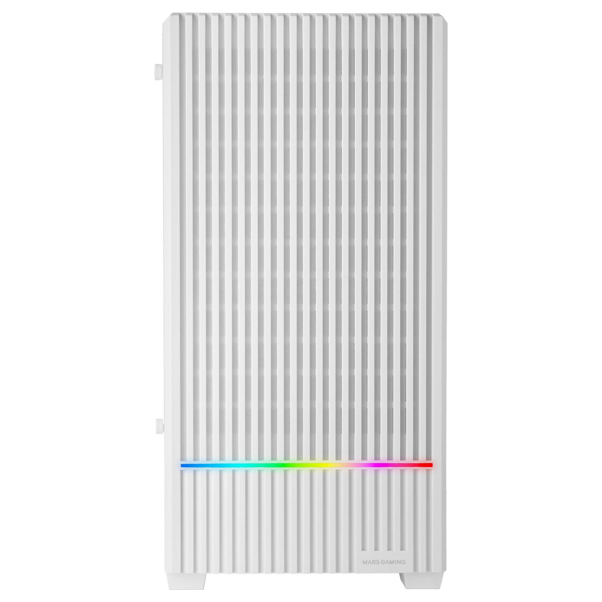 Un case PC bianco con scanalature verticali e illuminazione RGB.