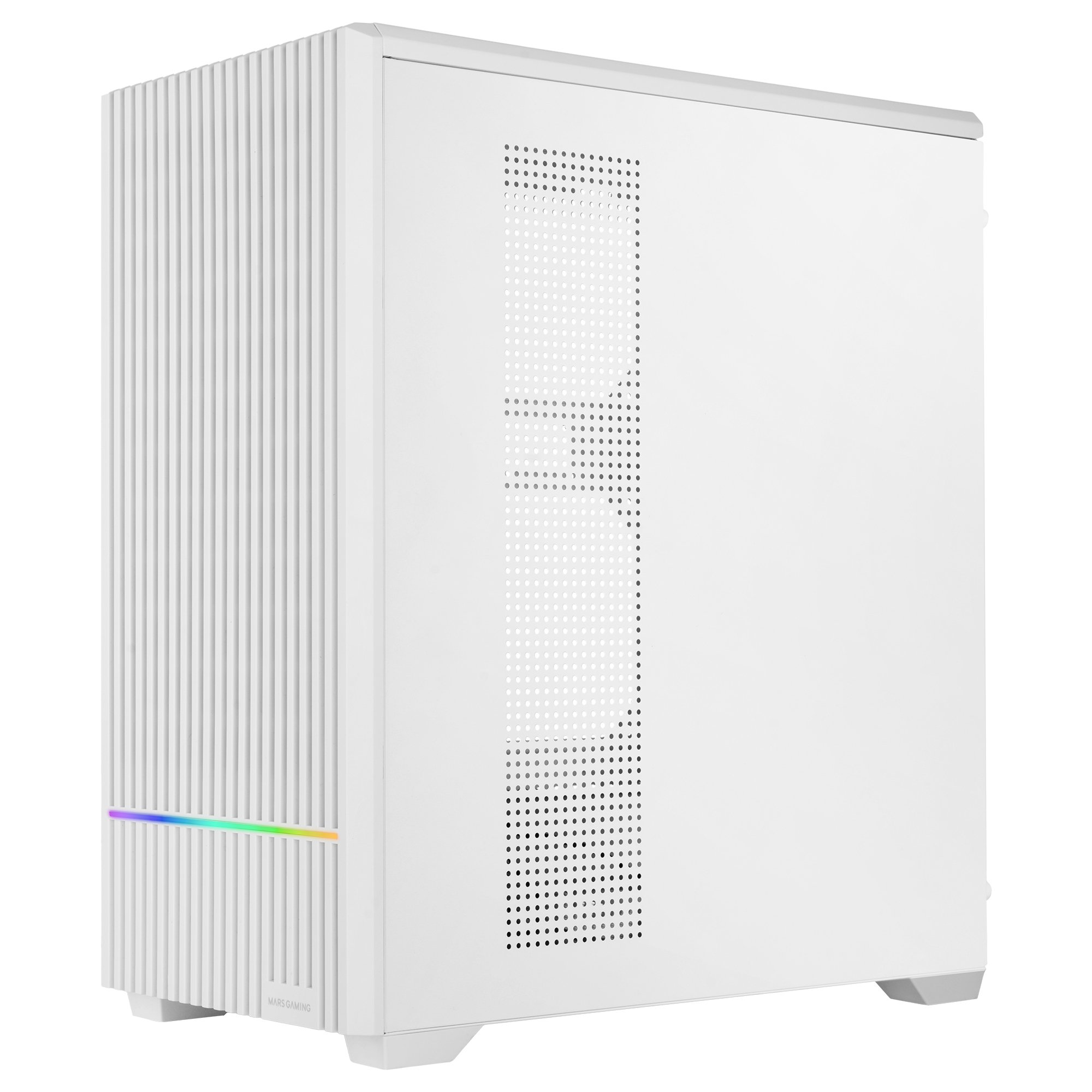 Un case PC bianco con scanalature verticali e una striscia RGB.