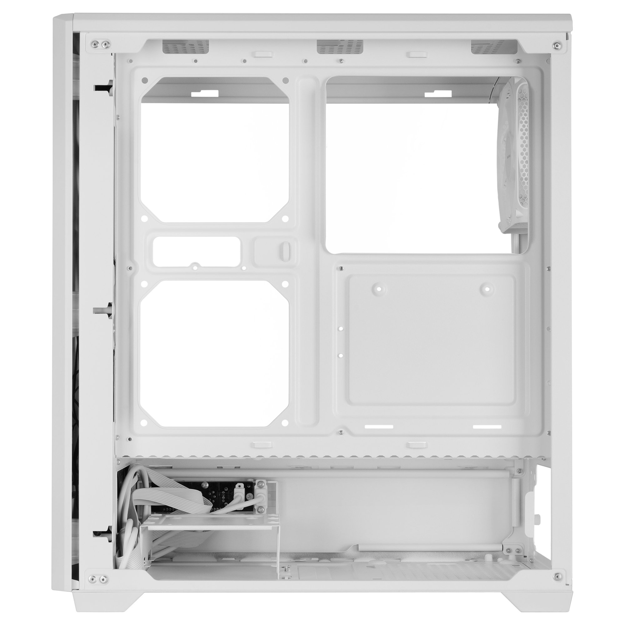 Vista interna di un case per computer bianco con cavi e supporto ventola.