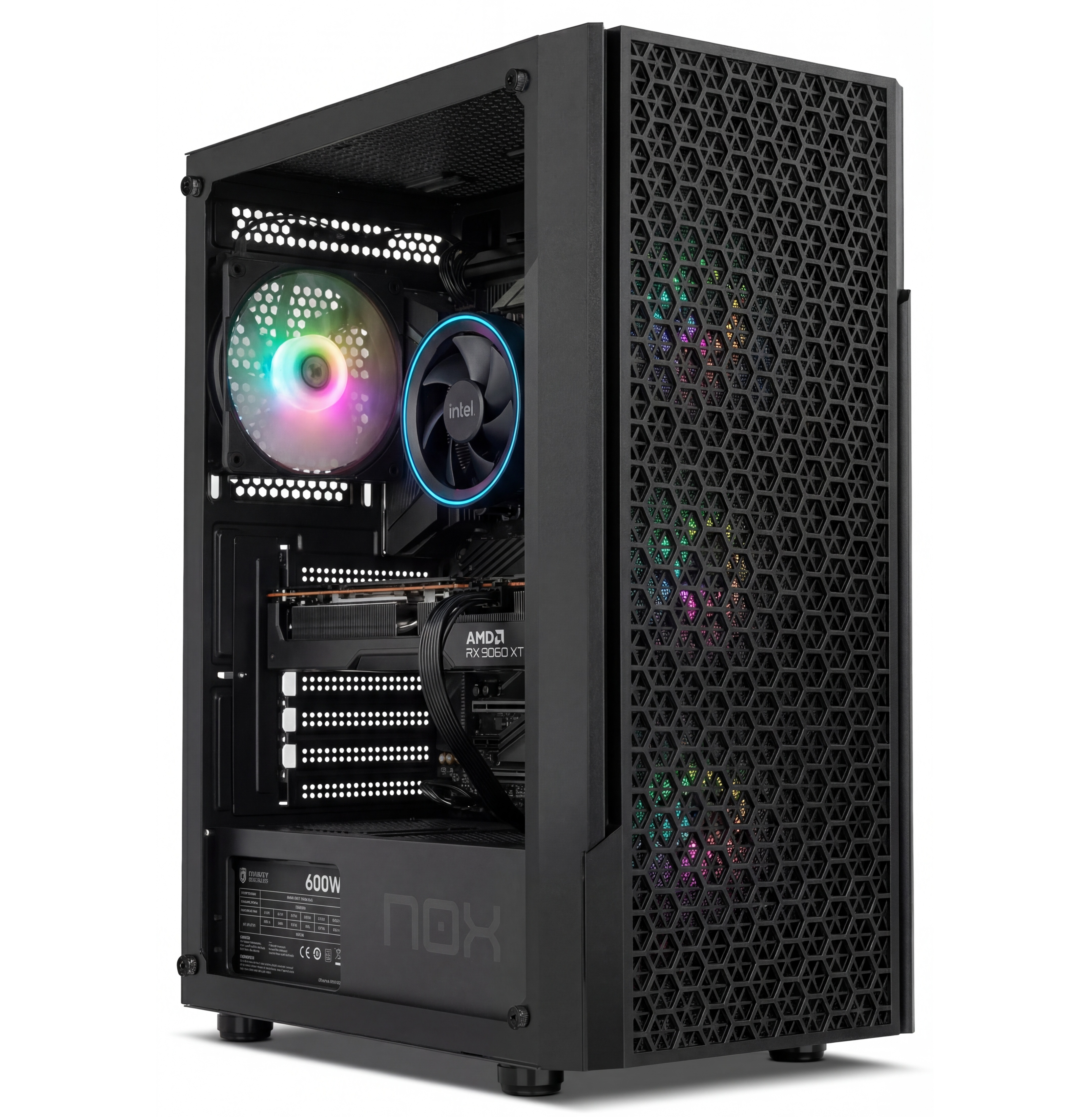 Torre de PC negra con ventiladores RGB, refrigerador de CPU Intel y tarjeta gráfica AMD RX 9060 XT.