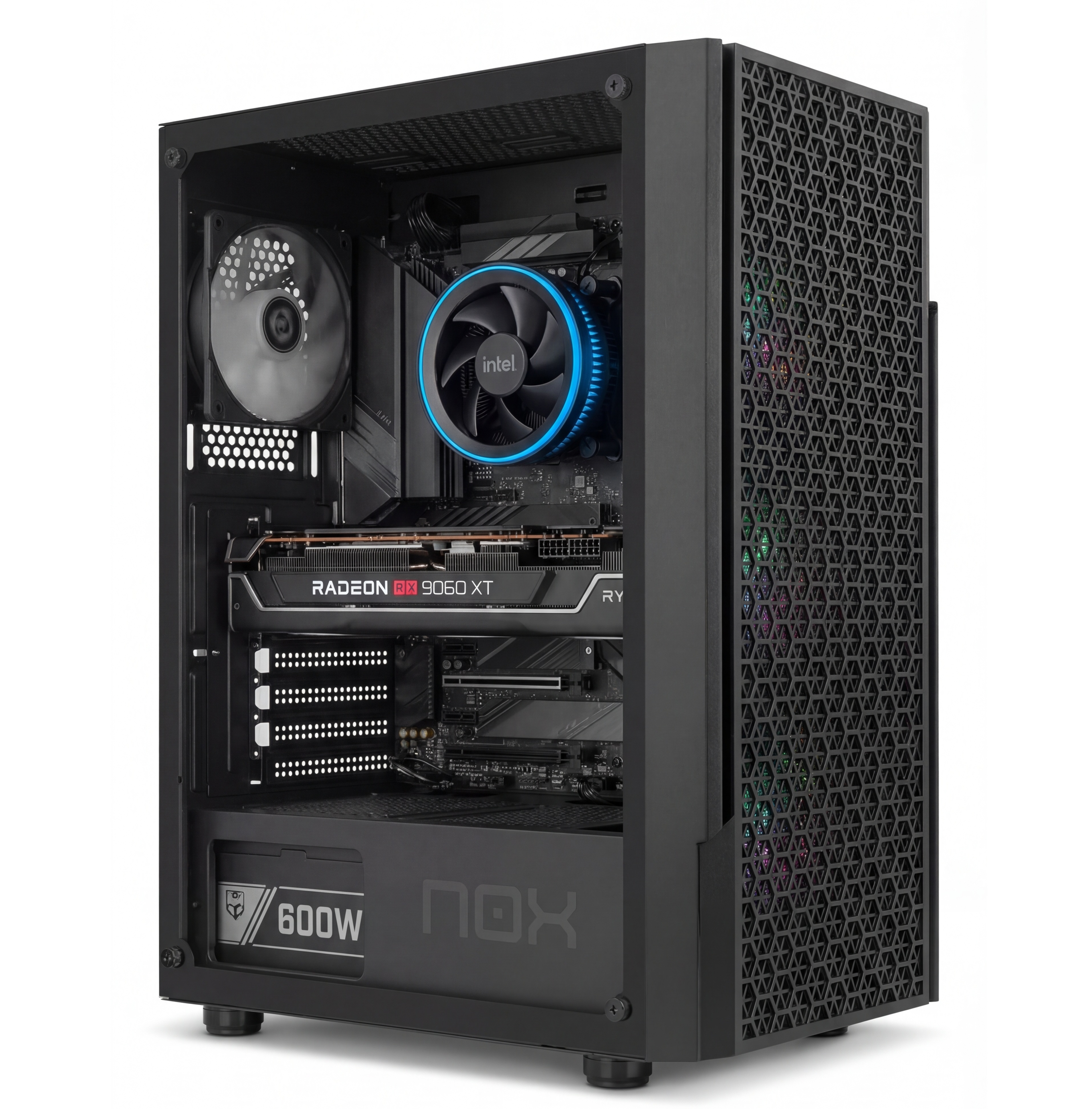 Torre de PC negra con caja abierta, luz azul ventilador CPU, GPU, fuente de alimentación.
