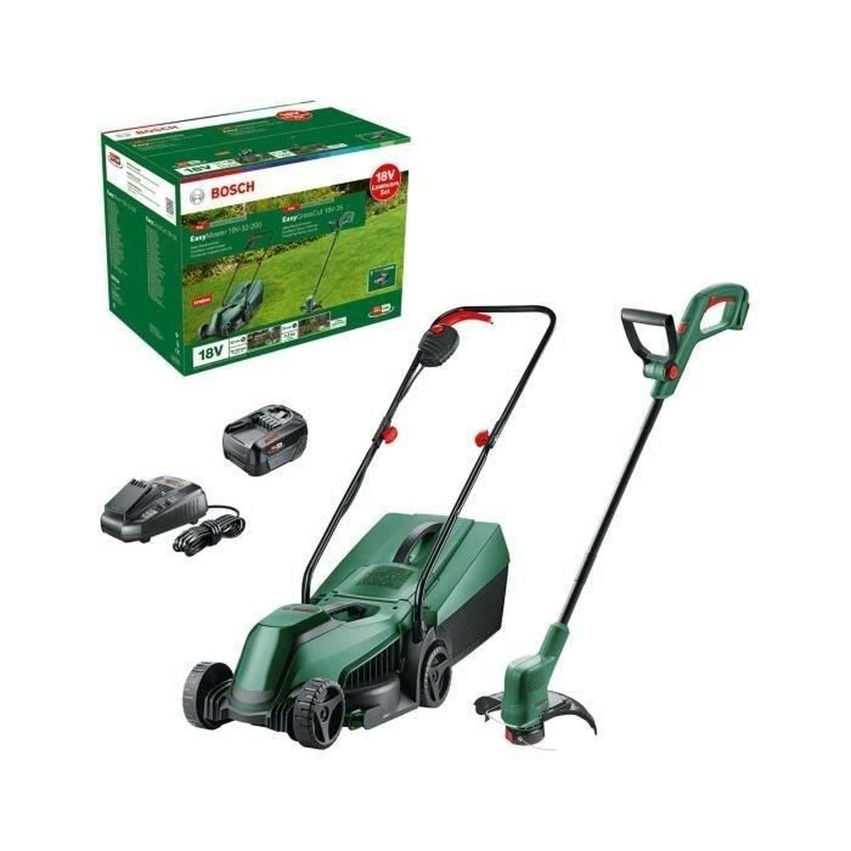 Grüner Bosch-Rasenmäher, Trimmer und zwei Akkus mit Ladegeräten auf weißem Hintergrund.