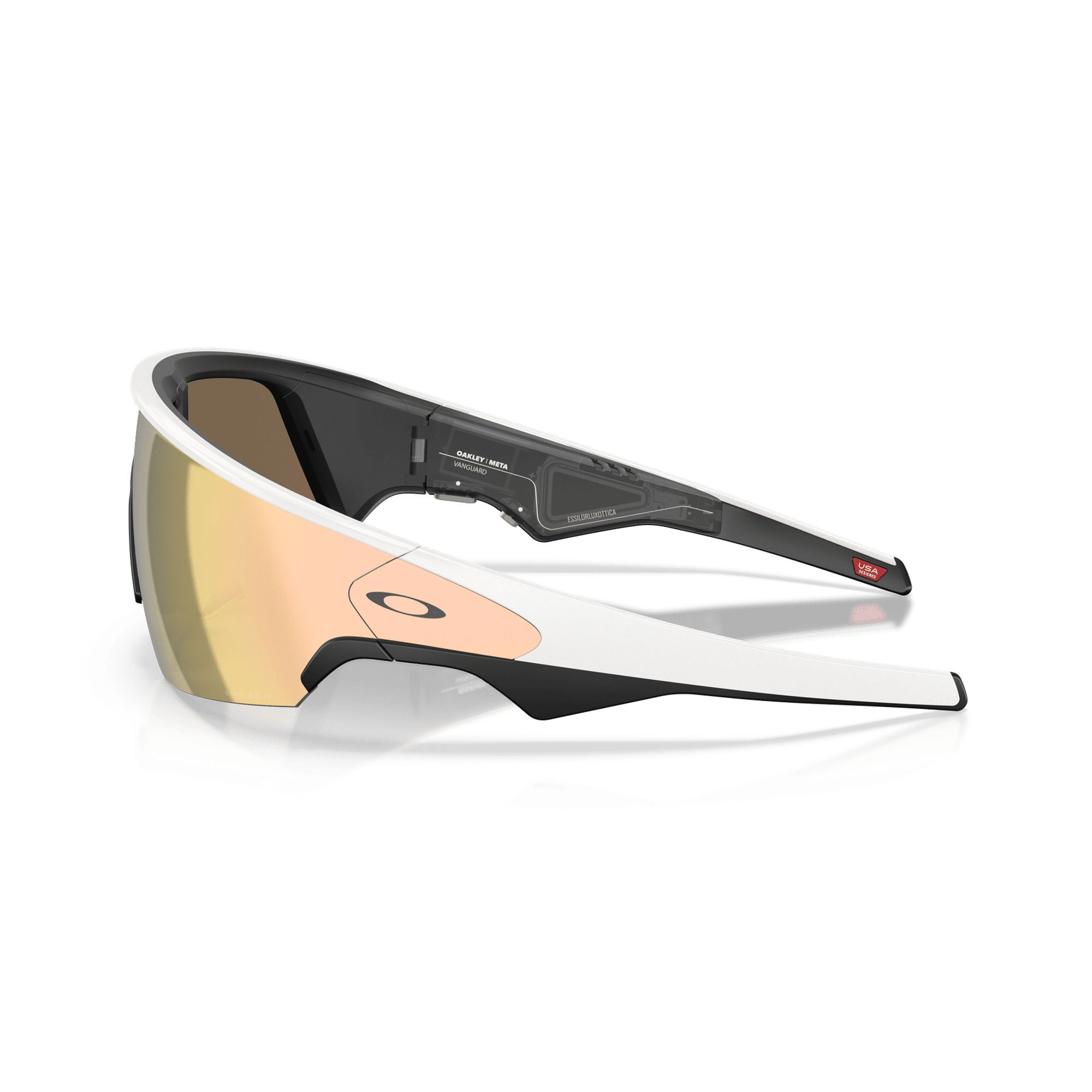 Weiße Oakley Sportbrille mit verspiegelten Gläsern und schwarzem Bügel.