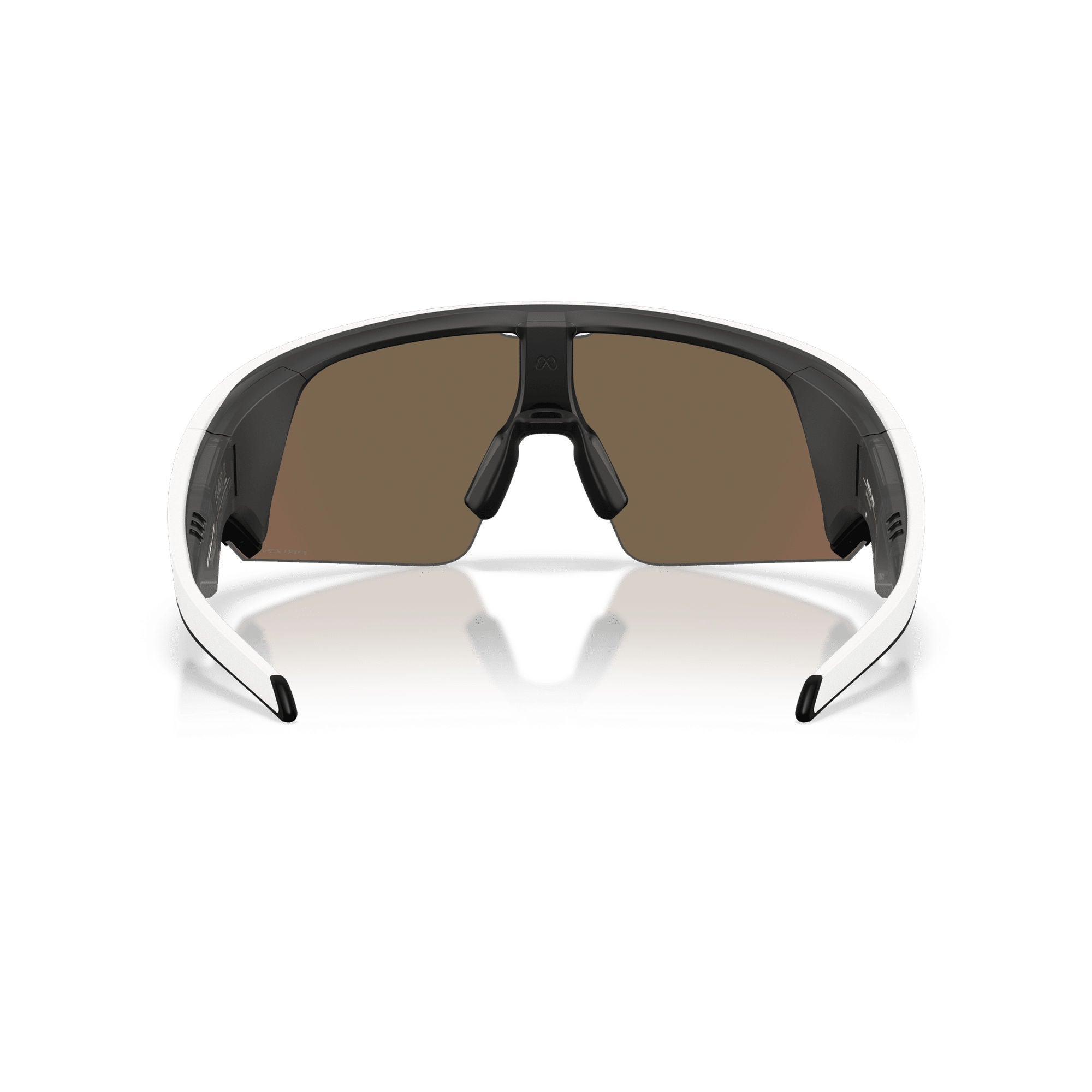 Sportsonnenbrille mit weißem Rahmen und braunen Gläsern, vorne gezeigt.