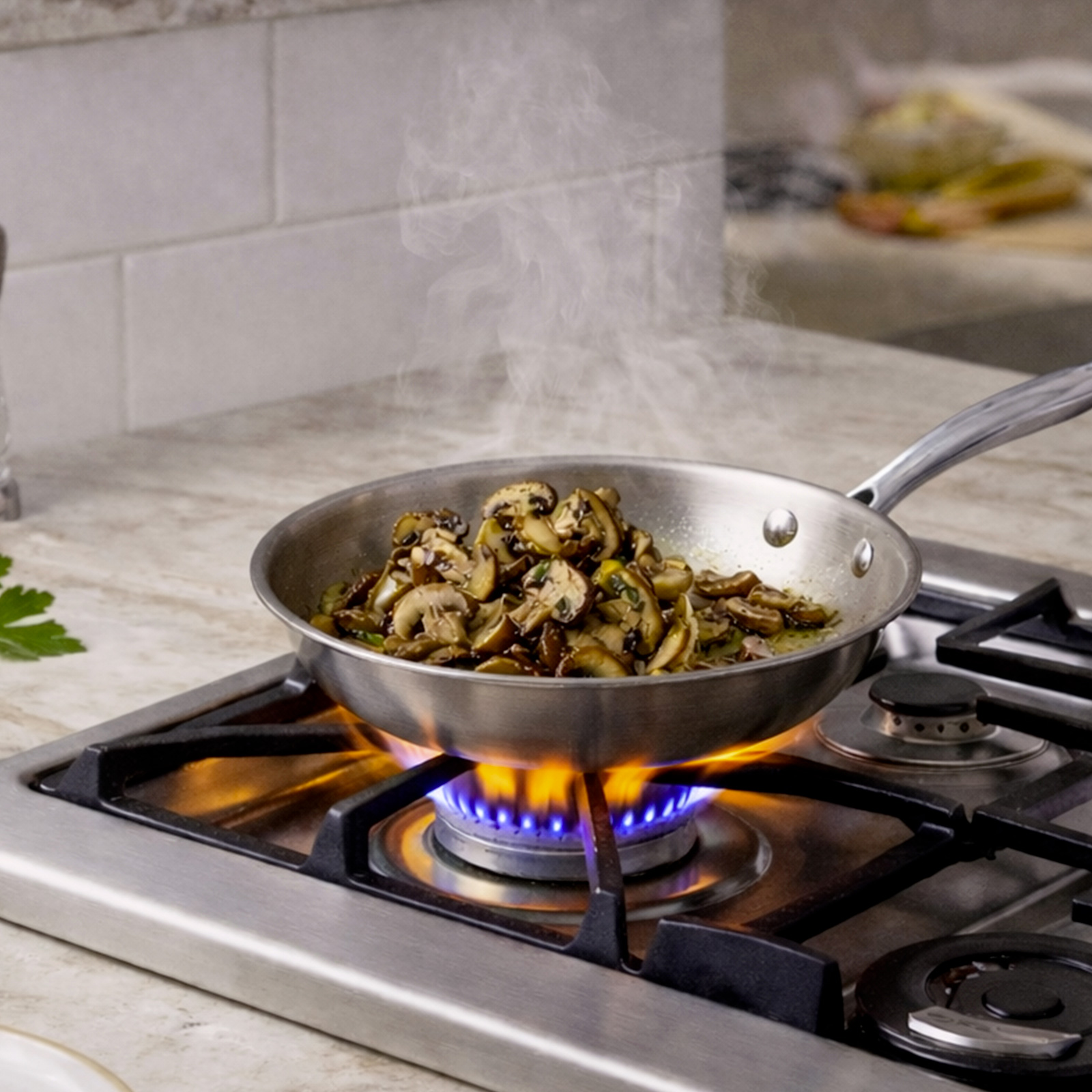 Champignons tranchés cuisant dans une poêle sur des flammes de gaz bleues.