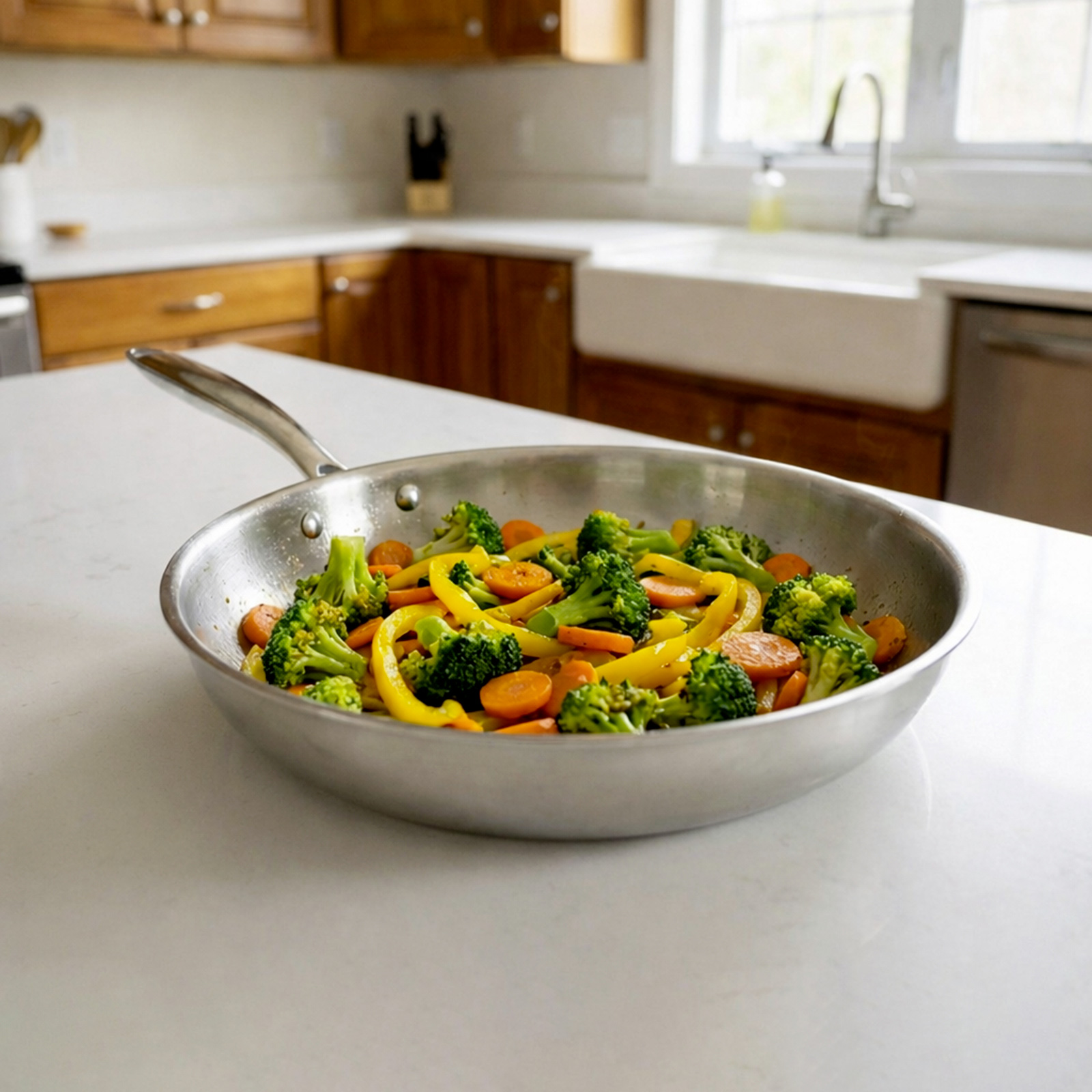 Sauté coloré de légumes avec brocoli, carottes et poivrons jaunes en lanières dans une poêle.