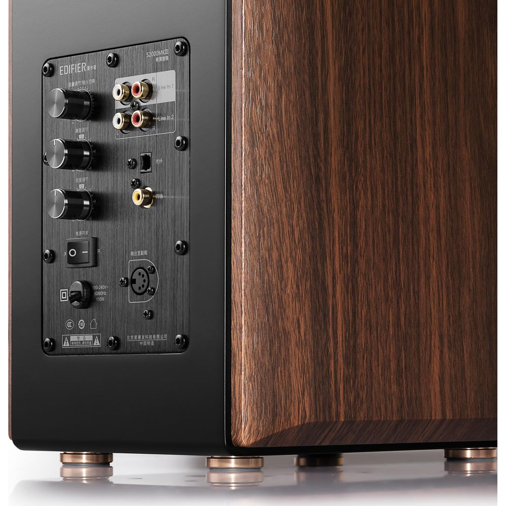 Tylny panel głośnika z portami i elementami sterującymi. Drewno.