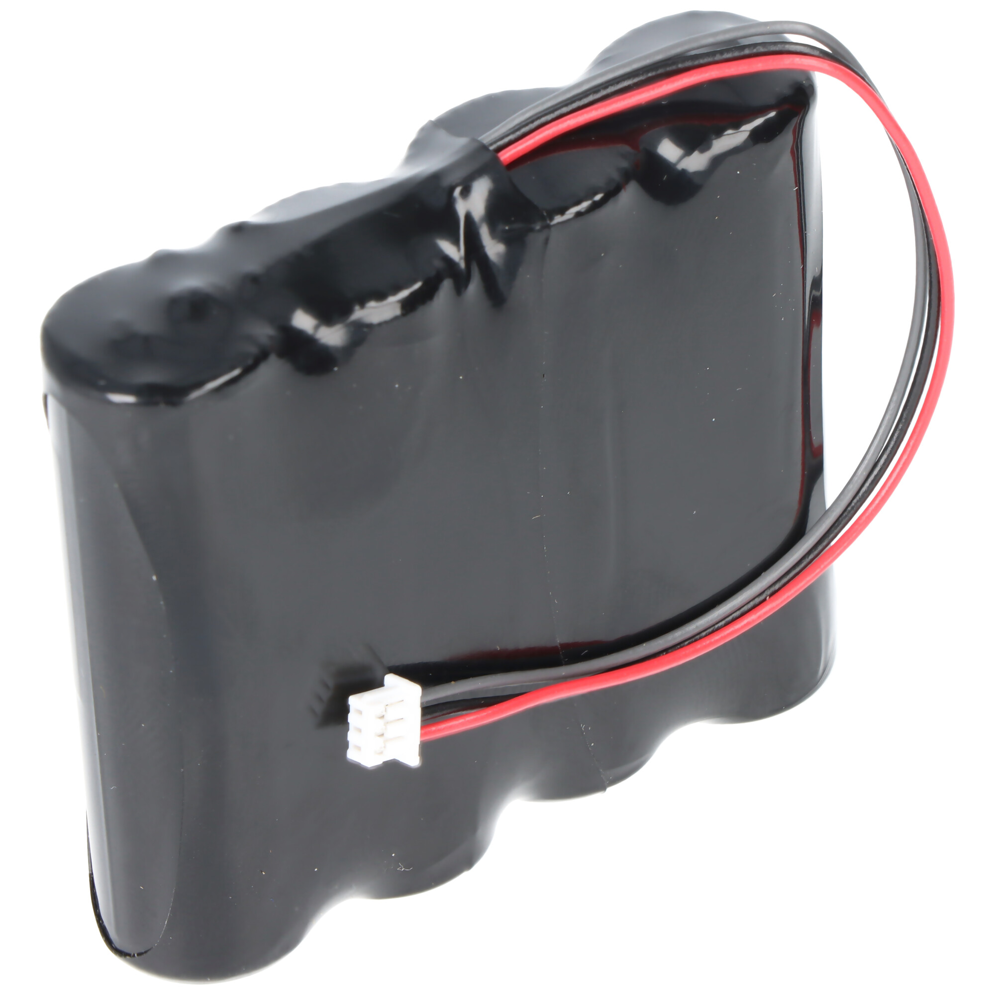 Ein schwarzer Akkupack mit roten und schwarzen Kabeln und einem weißen Stecker.