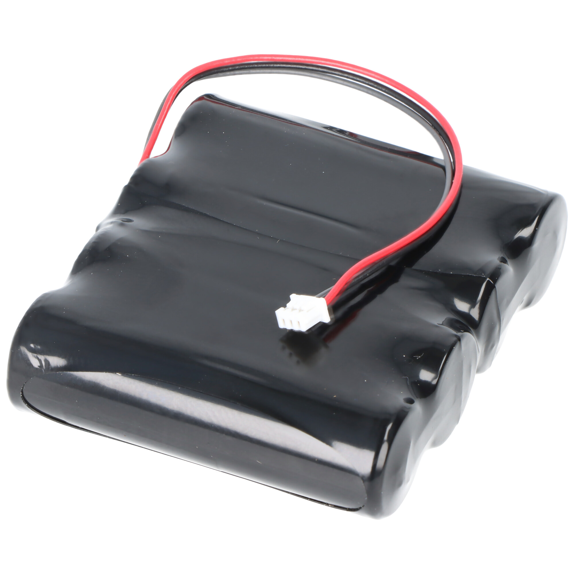 Schwarzer Akku mit roten und schwarzen Kabeln und weißem Stecker.