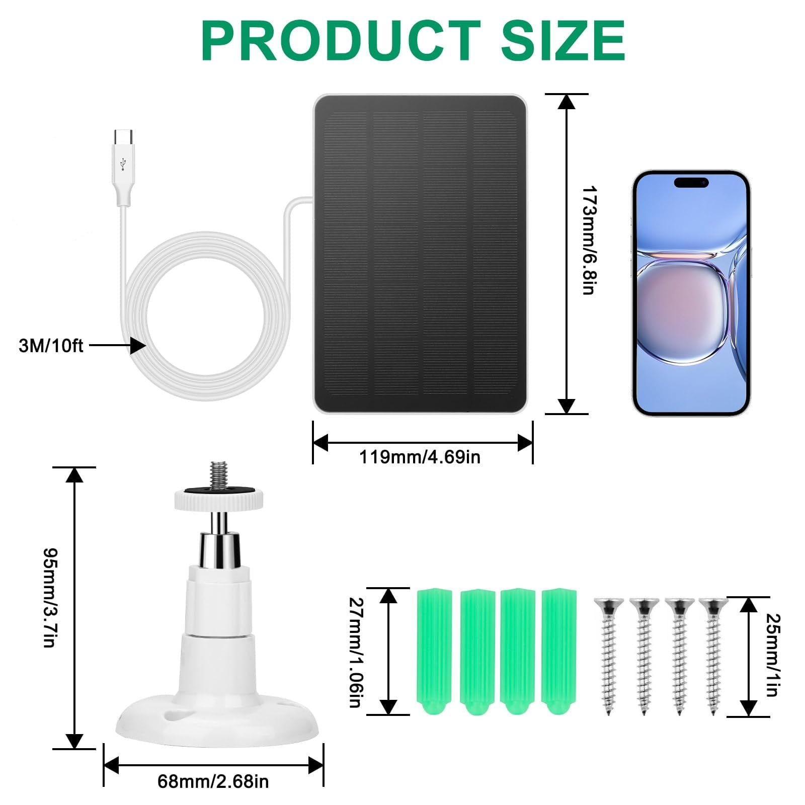 Produktgrößenanzeige: Solarpanel, Kabel, Halterung, Dübel und Schrauben.