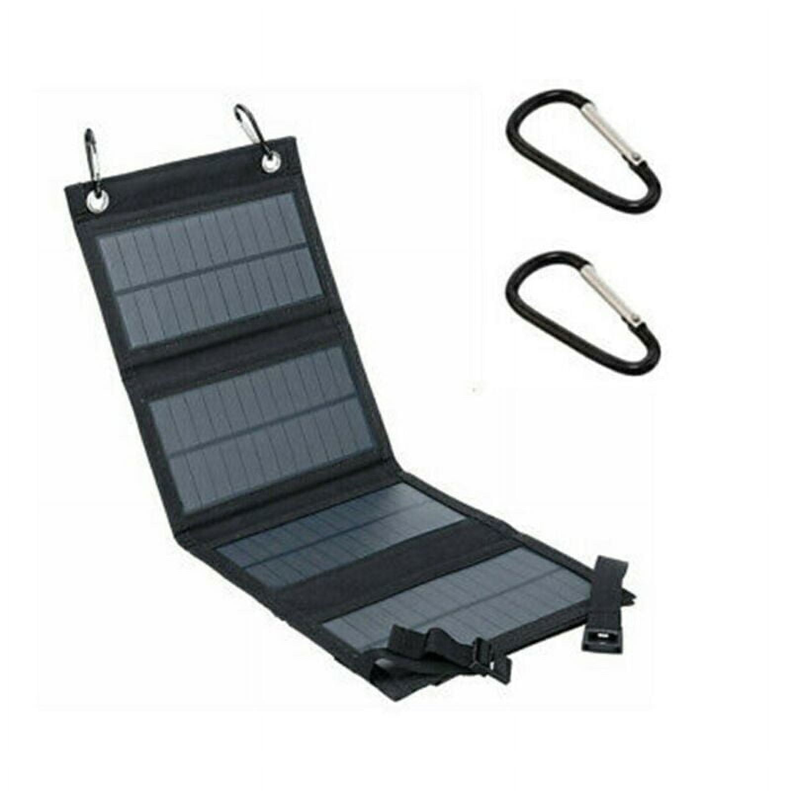 Ein schwarzes, faltbares Solarpanel mit zwei Karabinerhaken daneben.