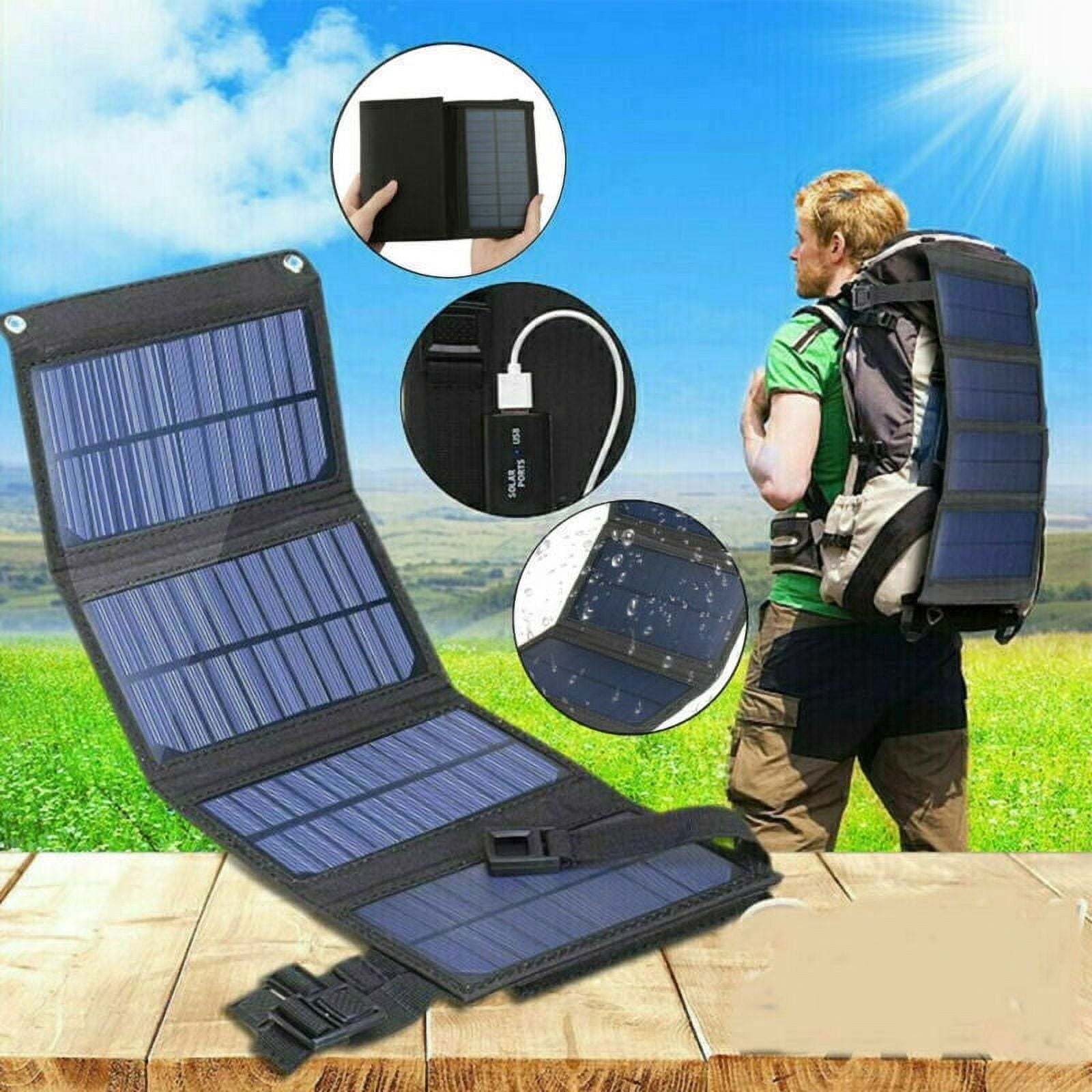 Ein Mann mit Rucksack trägt ein Solarpanel. Ein aufklappbares Solarpanel liegt auf Holz.