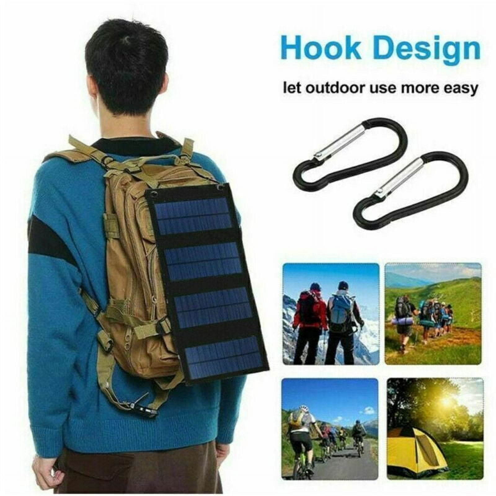 Mann mit Rucksack und Solarpanel. Bilder zeigen Wandern, Radfahren, Camping.