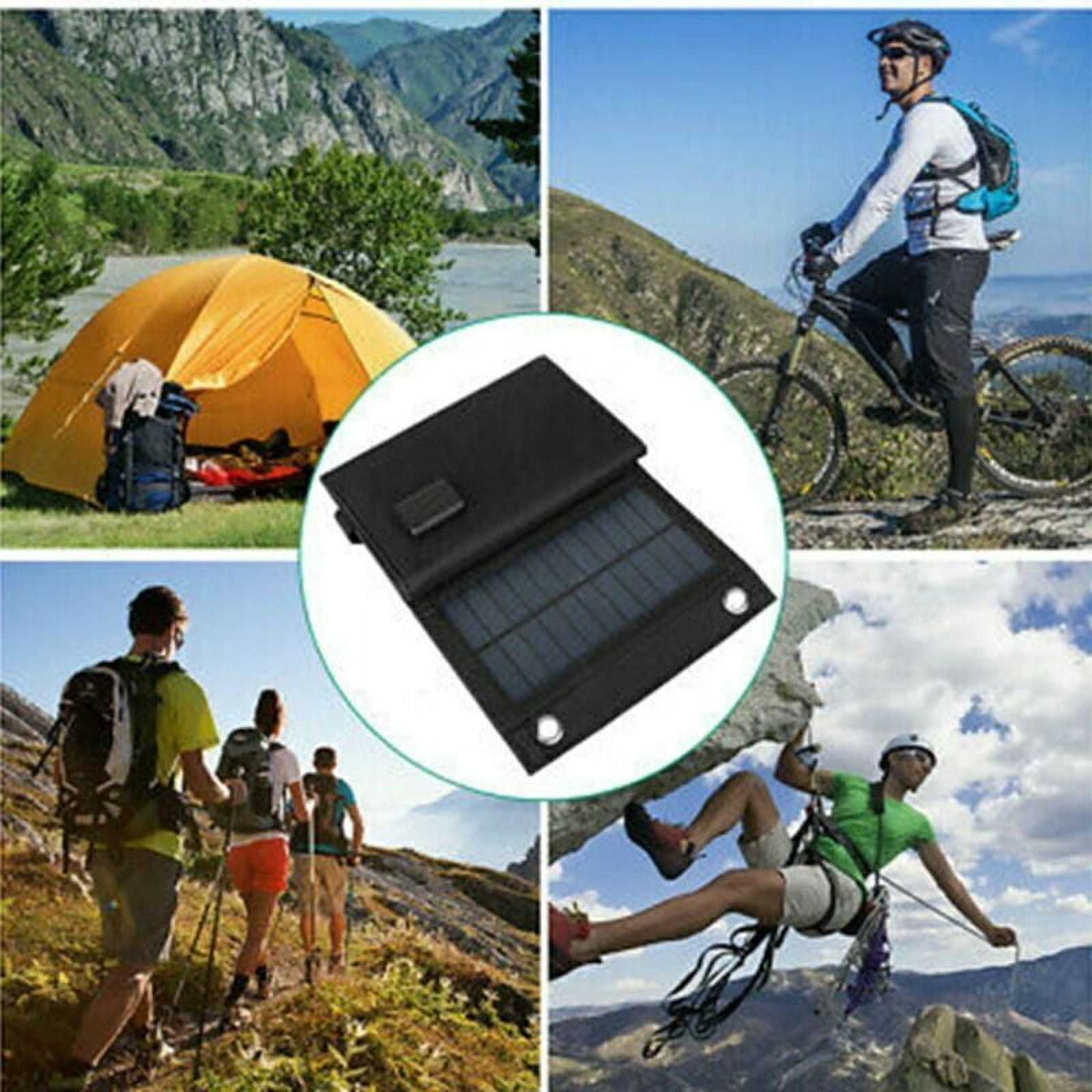 Vier Szenen: Camping, Radfahren, Wandern, Klettern und ein Solarpanel.