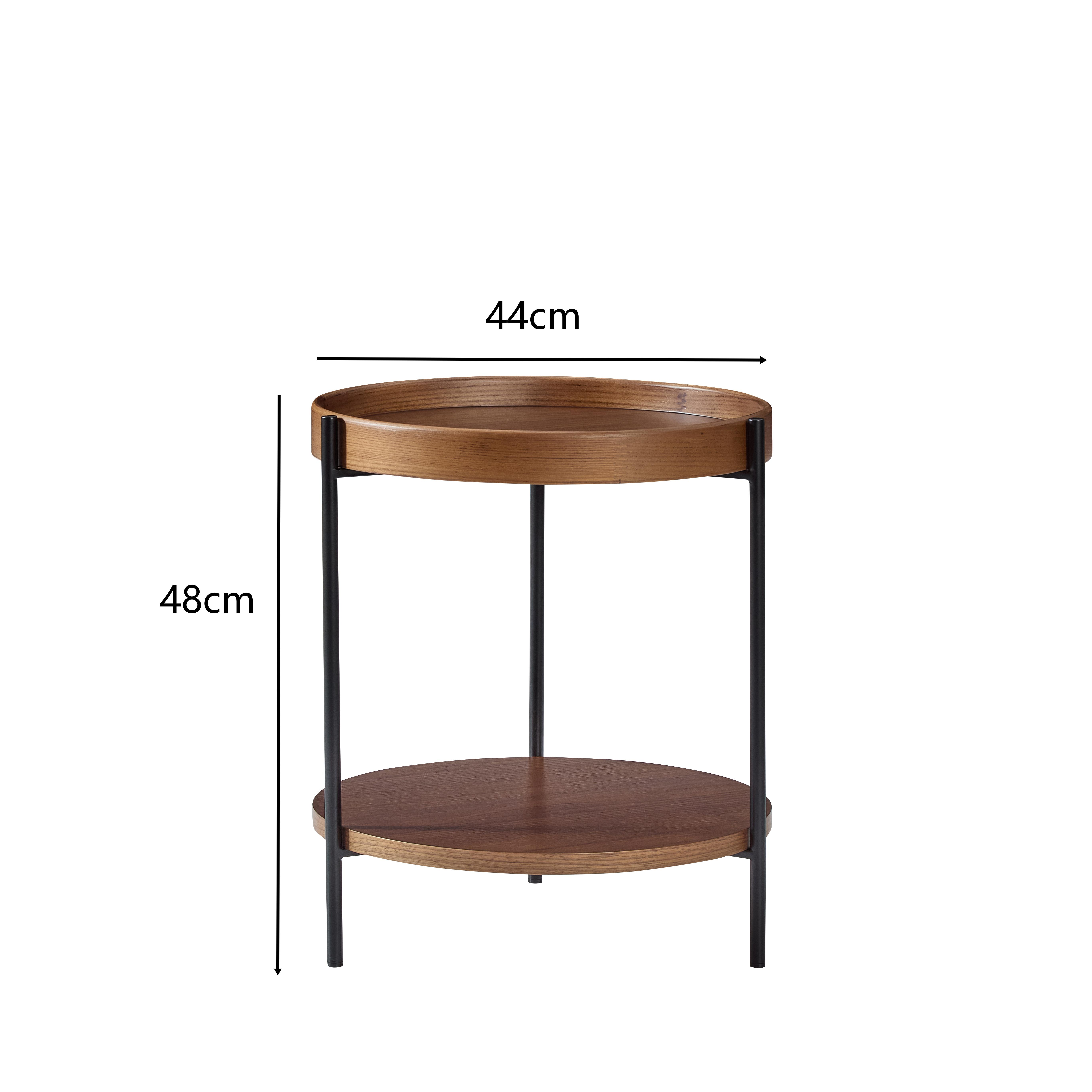 Runder Holztisch mit schwarzen Metallbeinen, 44cm breit, 48cm hoch.