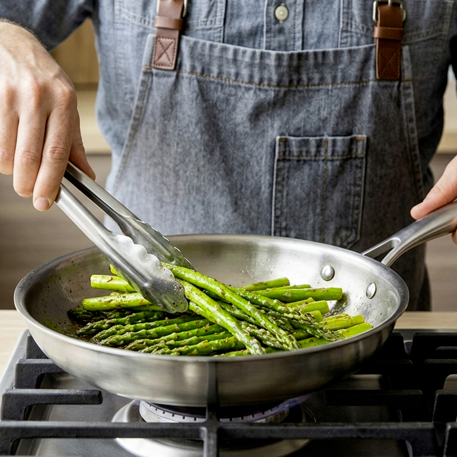 Des asperges vertes sont retournées dans une poêle avec des pinces sur une cuisinière.