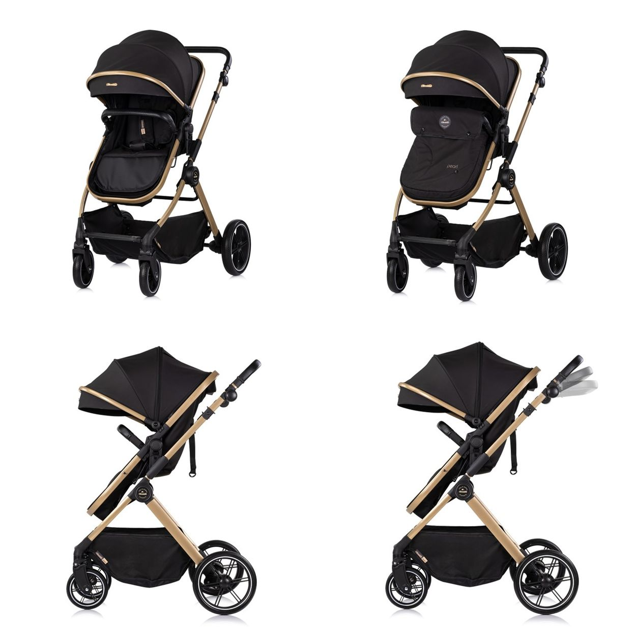 Vier Ansichten eines schwarzen Kinderwagens mit goldenem Rahmen und schwarzen Rädern.