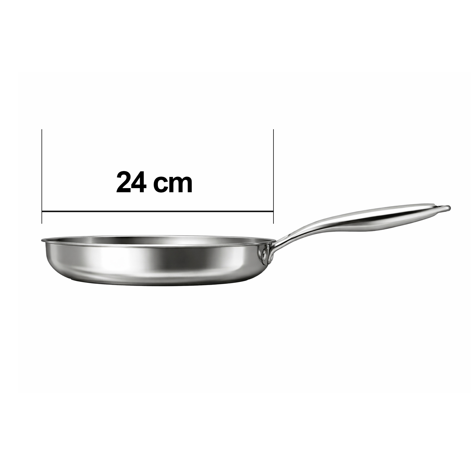 Une poêle argentée avec un manche, diamètre 24 cm.